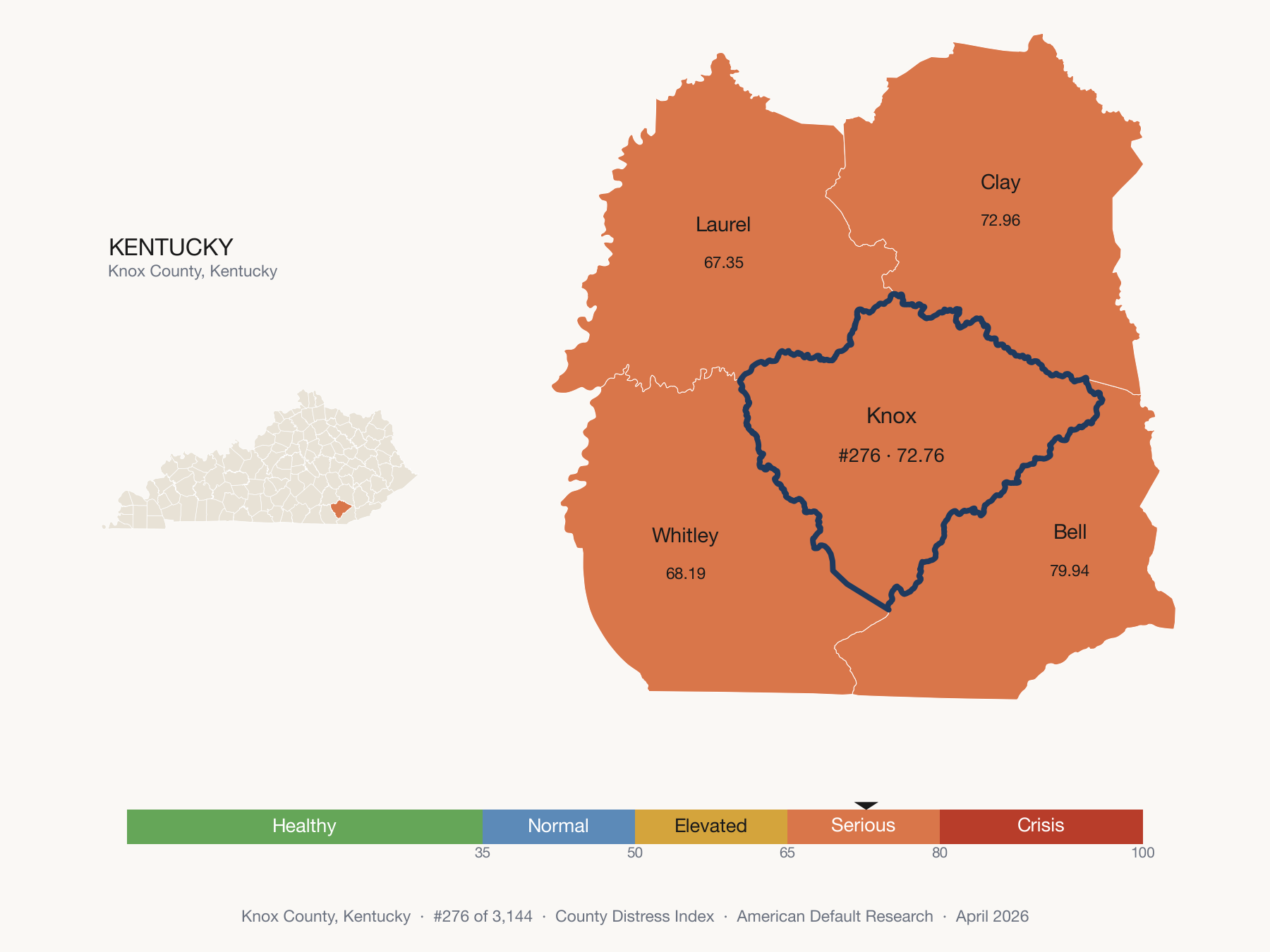 County Distress Index cluster map. Knox County, Kentucky and its neighbors colored by distress fifth.