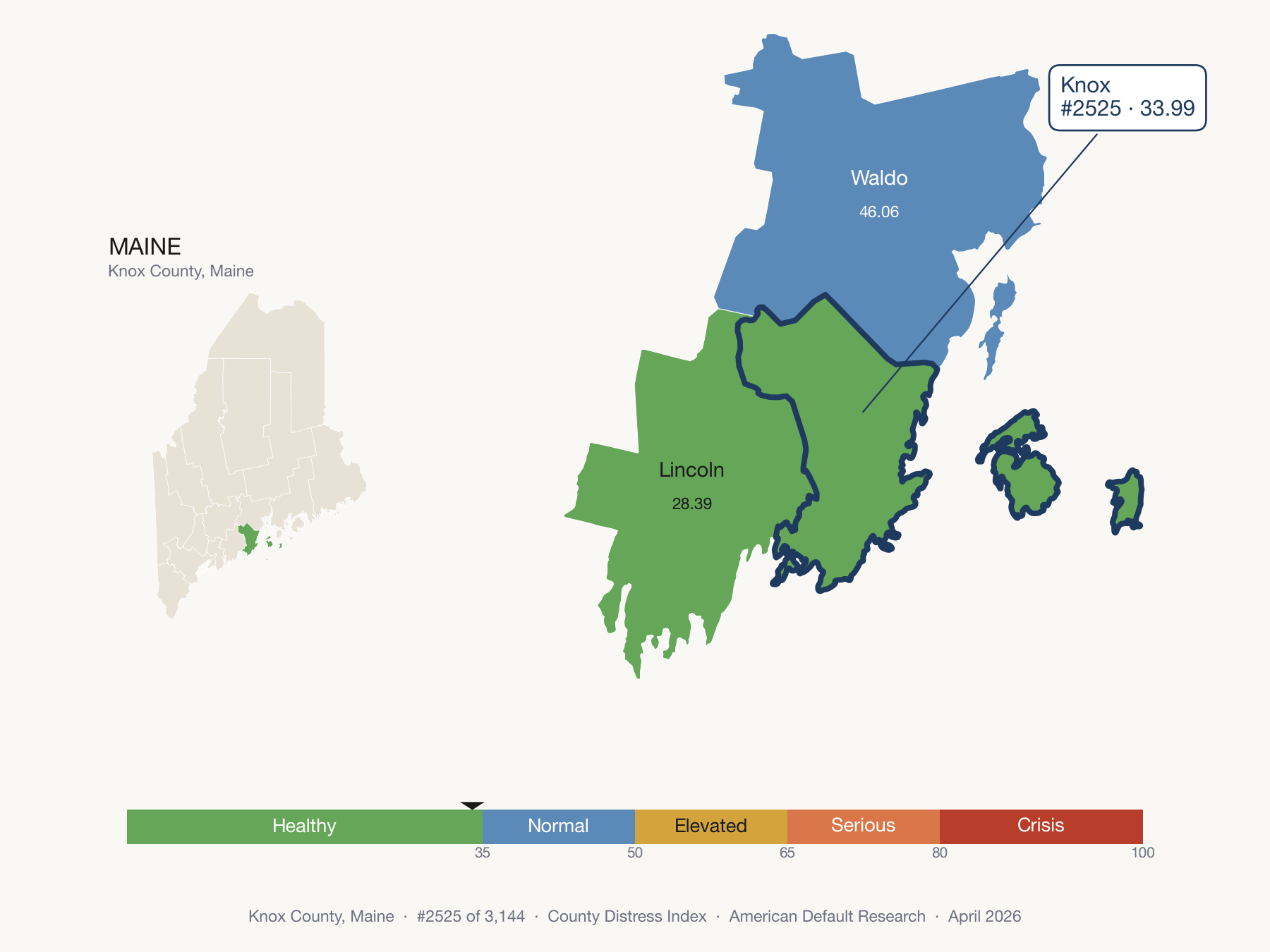 County Distress Index cluster map. Knox County, Maine and its neighbors colored by distress zone.