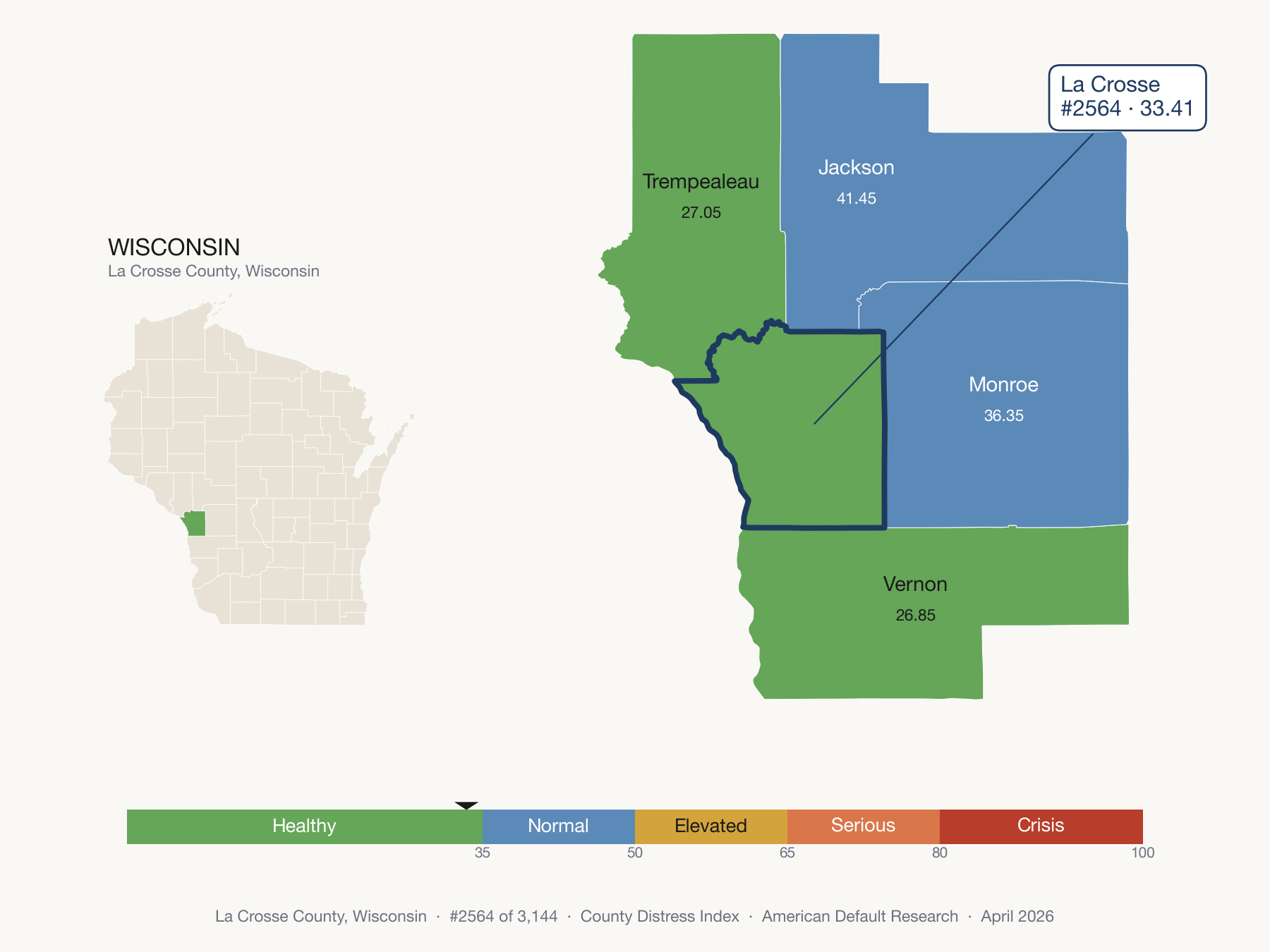 County Distress Index cluster map. La Crosse County, Wisconsin and its neighbors colored by distress zone.