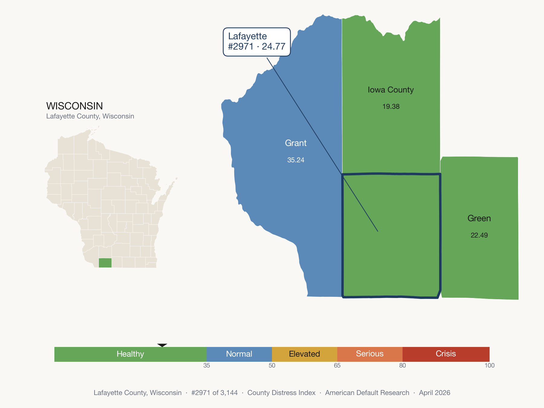County Distress Index cluster map. Lafayette County, Wisconsin and its neighbors colored by distress zone.