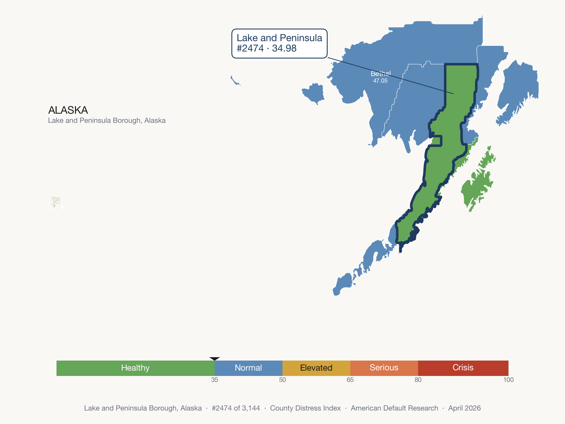 County Distress Index cluster map. Lake and Peninsula Borough, Alaska and its neighbors colored by distress zone.