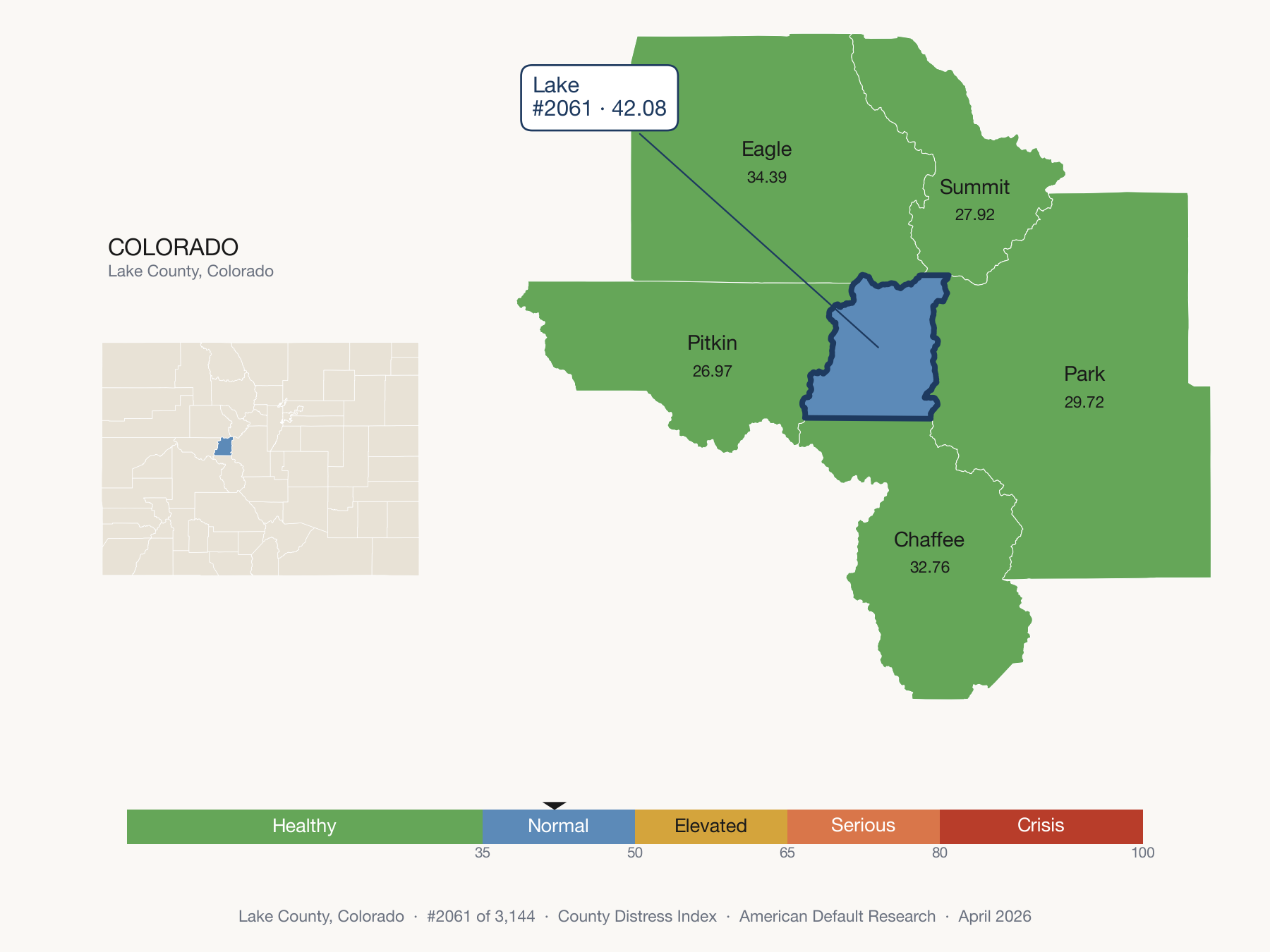 County Distress Index cluster map. Lake County, Colorado and its neighbors colored by distress zone.