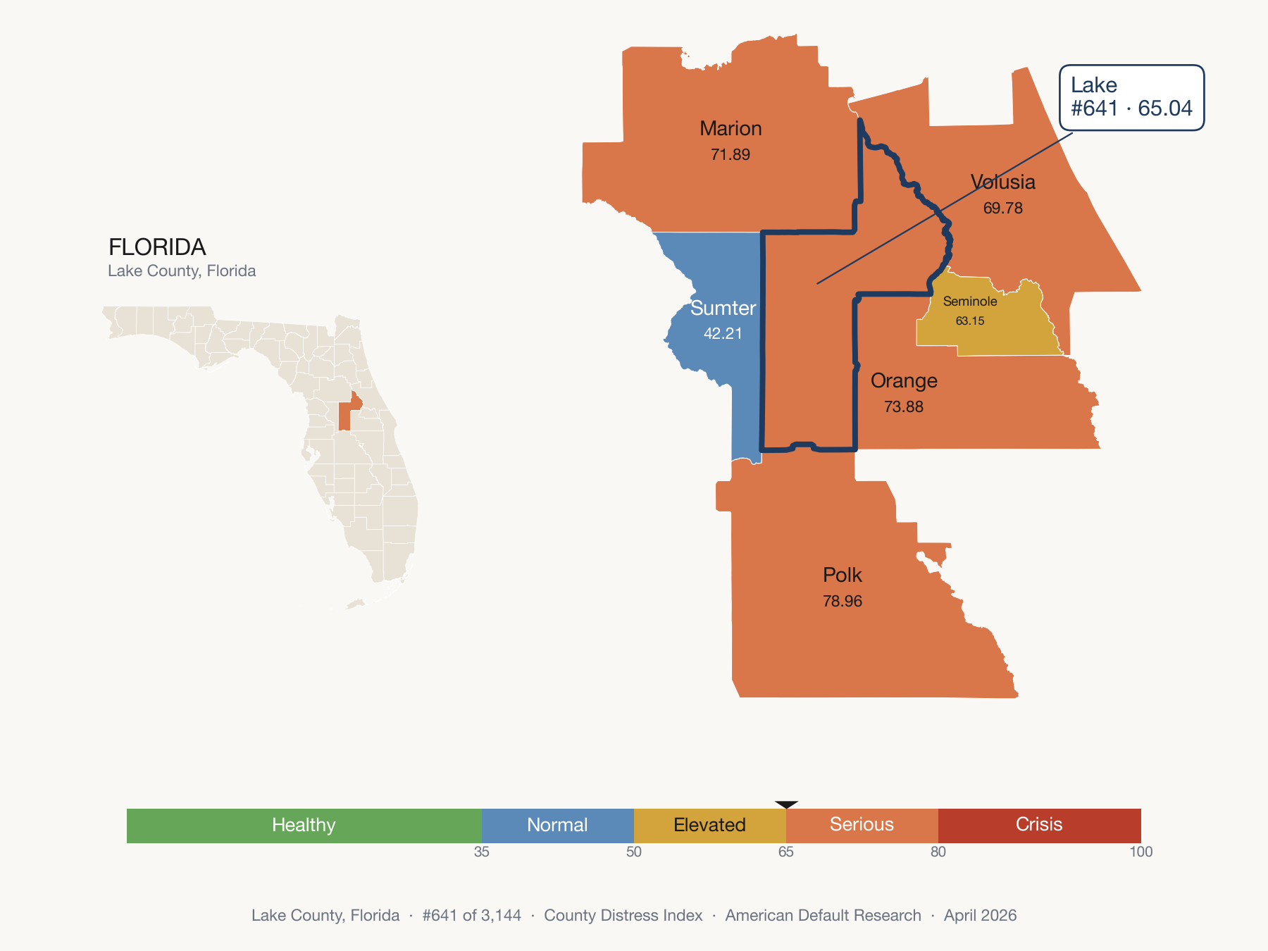 County Distress Index cluster map. Lake County, Florida and its neighbors colored by distress fifth.