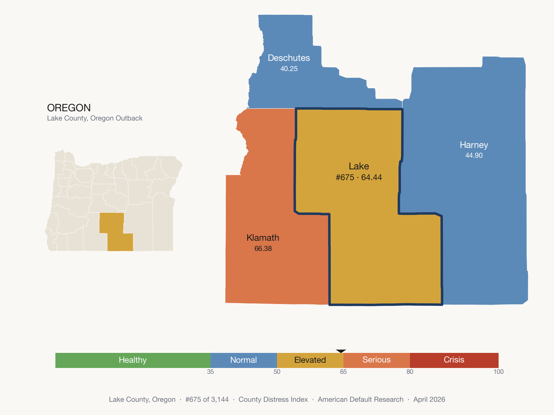 County Distress Index cluster map. Lake County, Oregon and its neighbors colored by distress fifth.