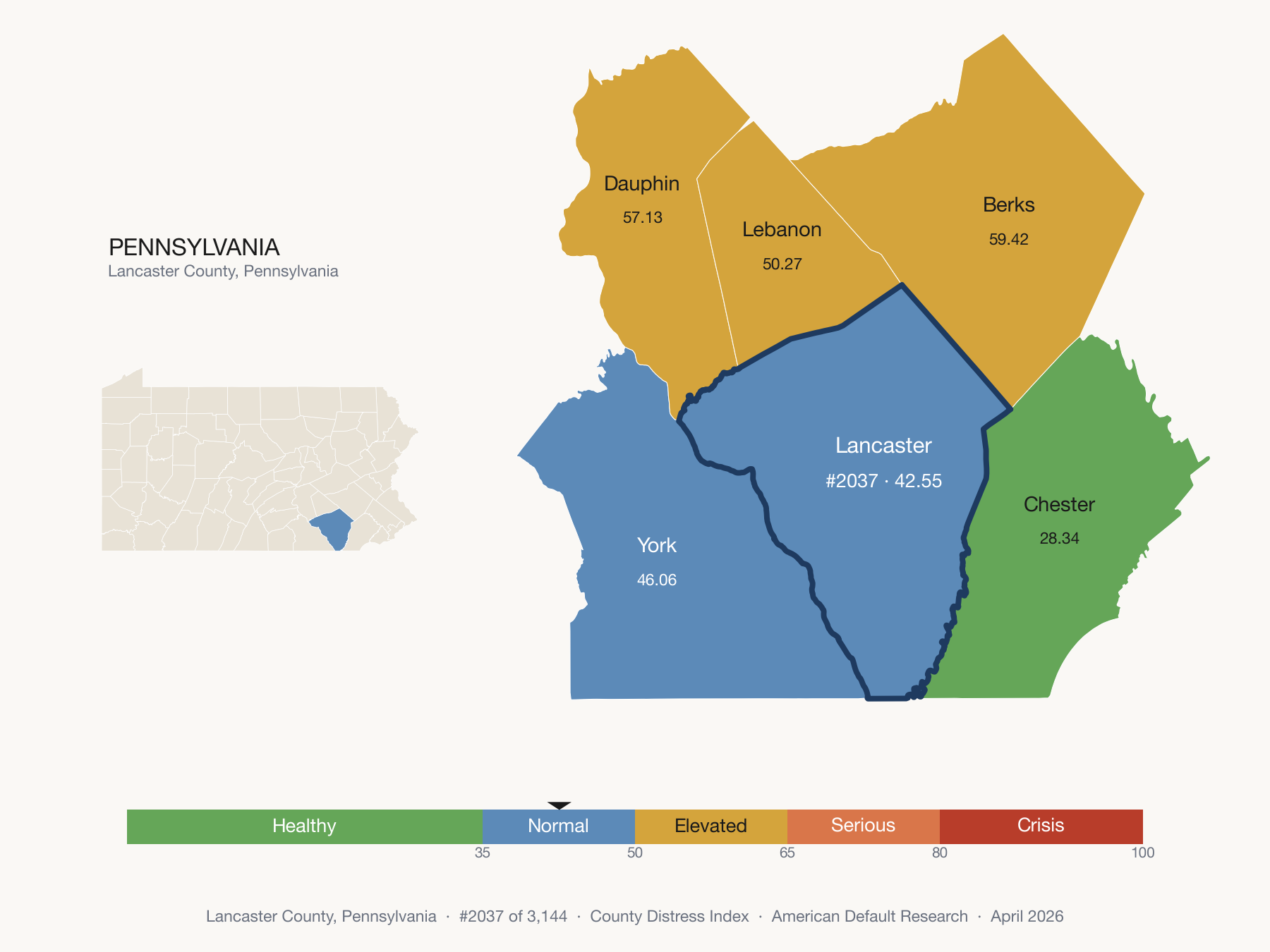 County Distress Index cluster map. Lancaster County, Pennsylvania and its neighbors colored by distress zone.