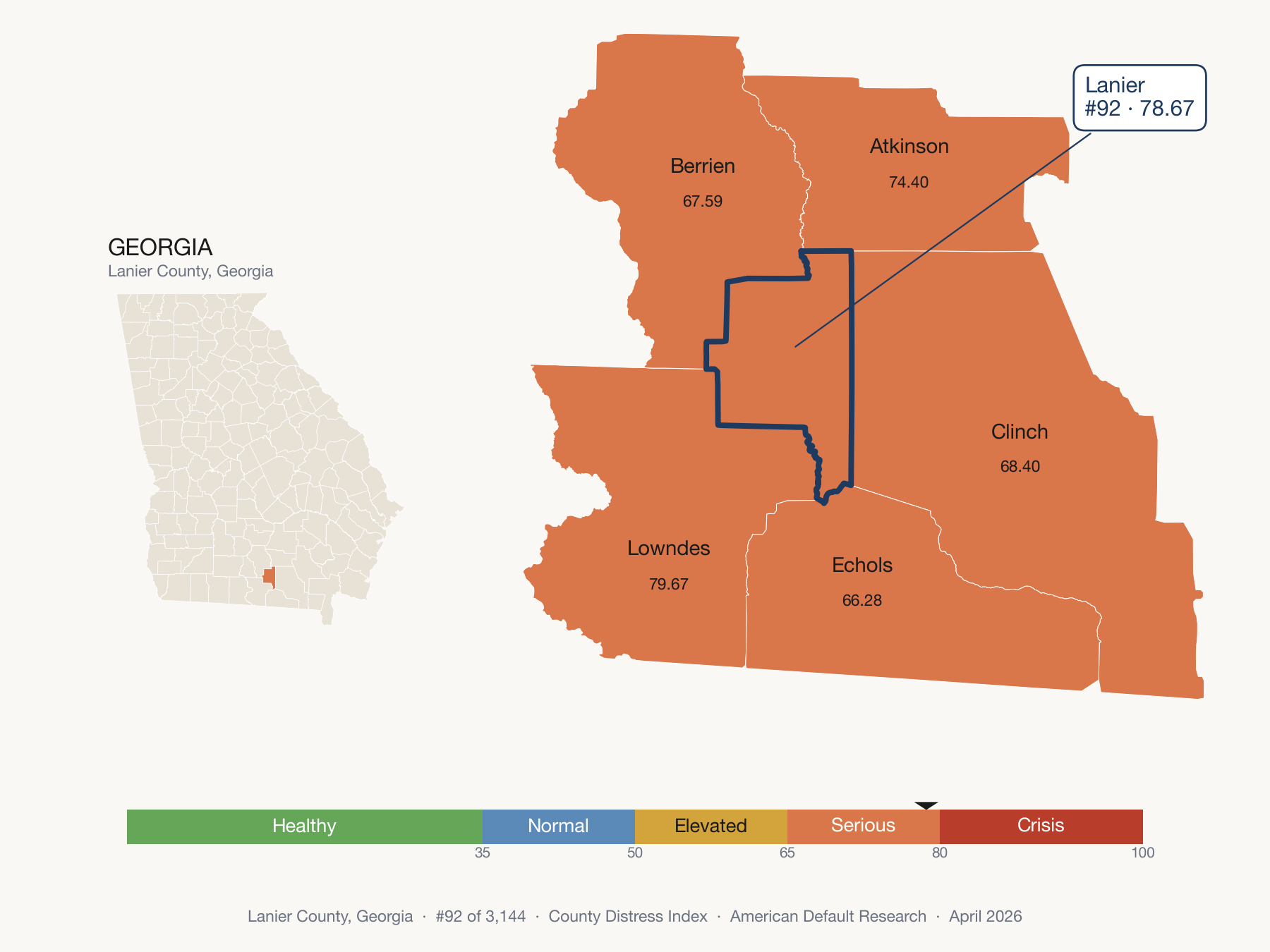 County Distress Index cluster map. Lanier County, Georgia and its neighbors colored by distress fifth.
