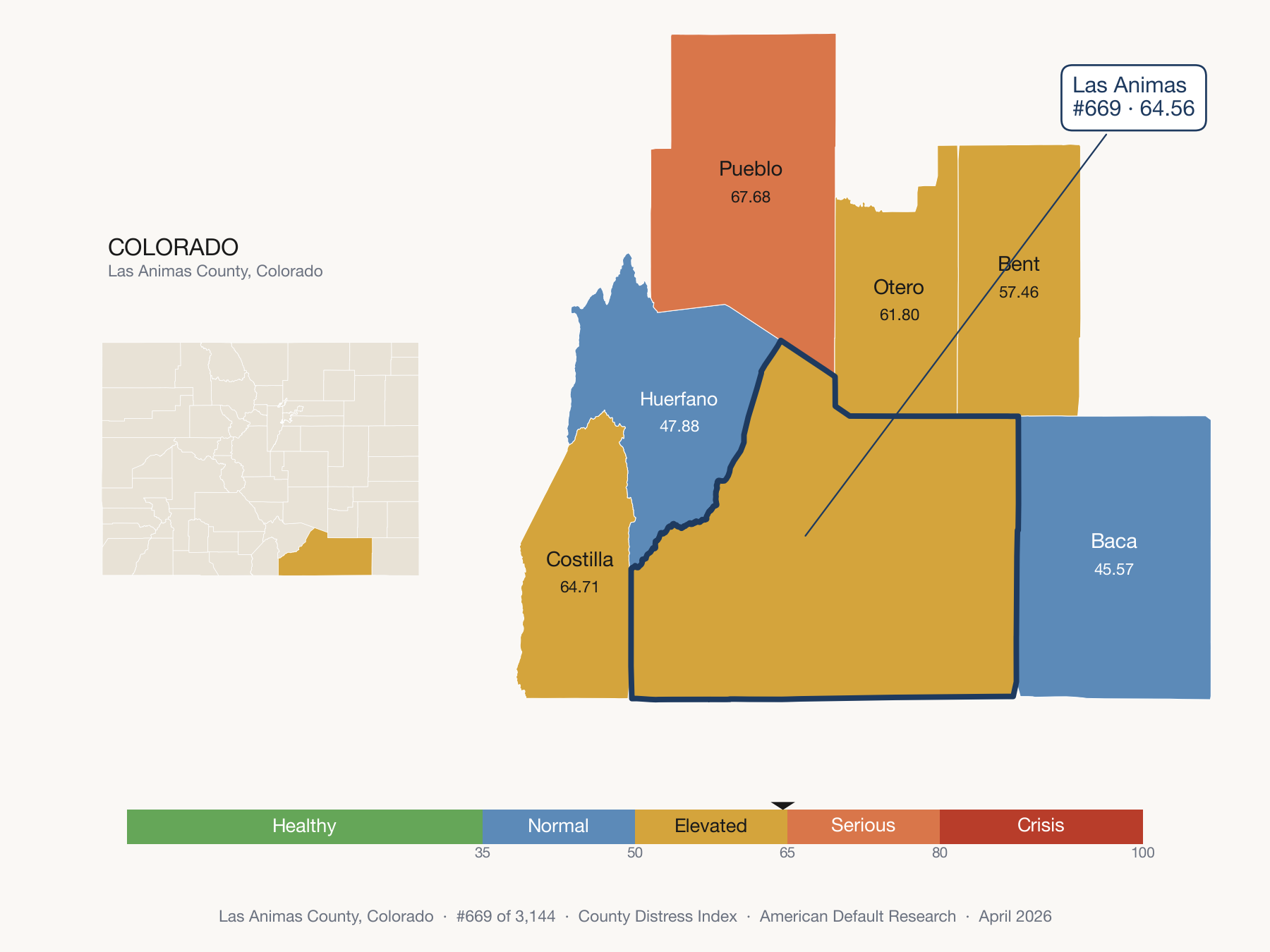 County Distress Index cluster map. Las Animas County, Colorado and its neighbors colored by distress fifth.