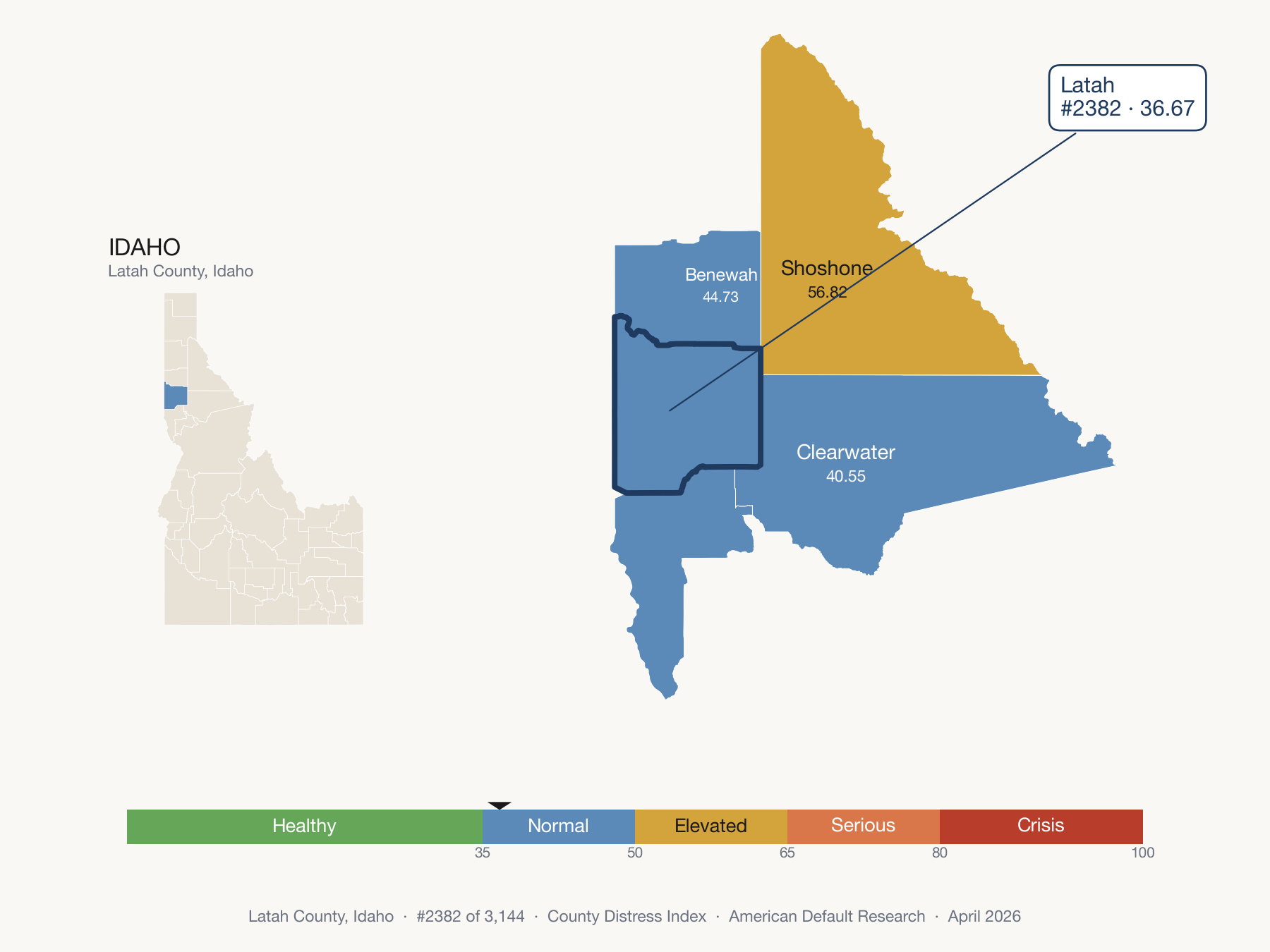 County Distress Index cluster map. Latah County, Idaho and its neighbors colored by distress fifth.