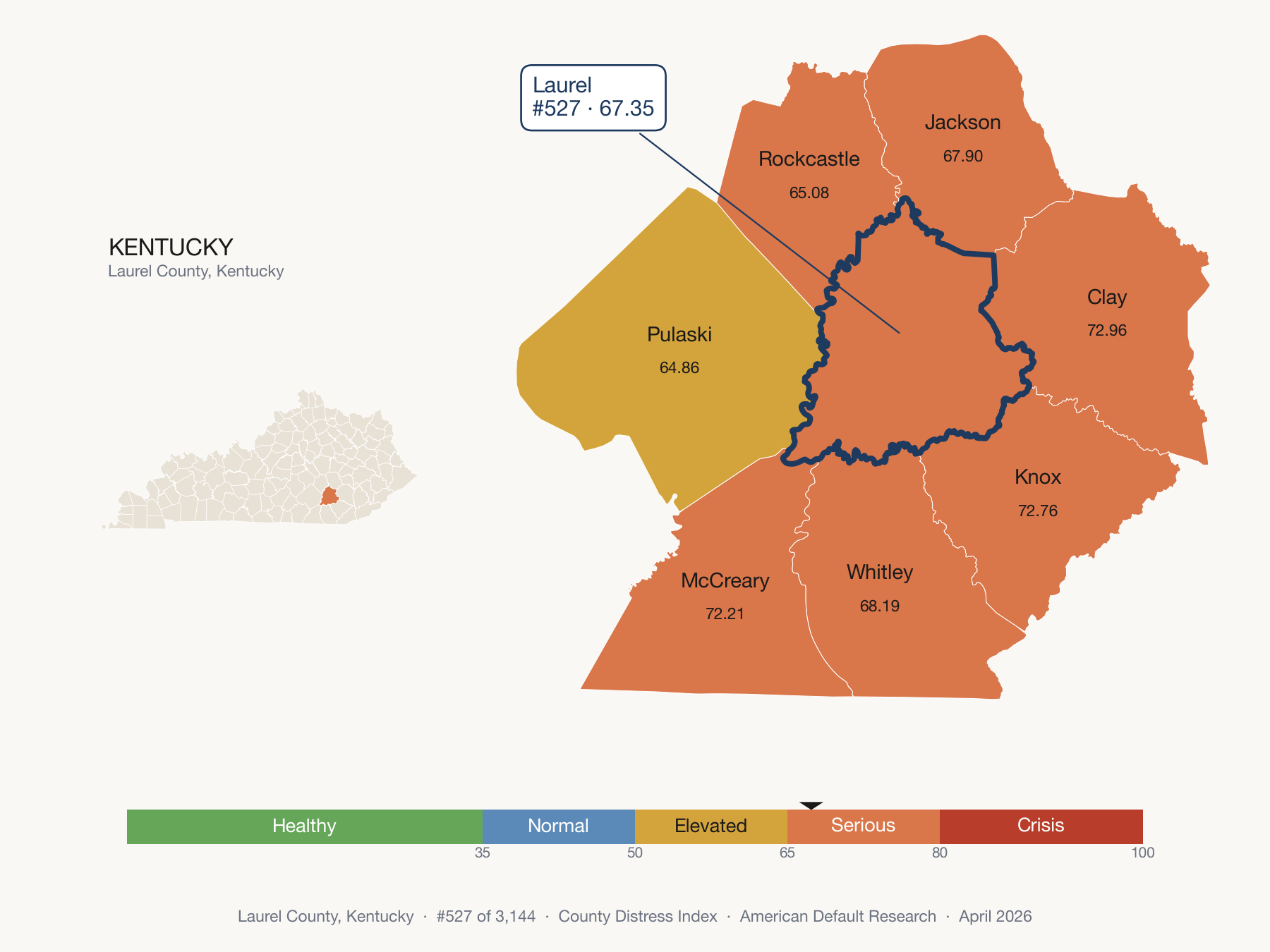 County Distress Index cluster map. Laurel County, Kentucky and its neighbors colored by distress fifth.