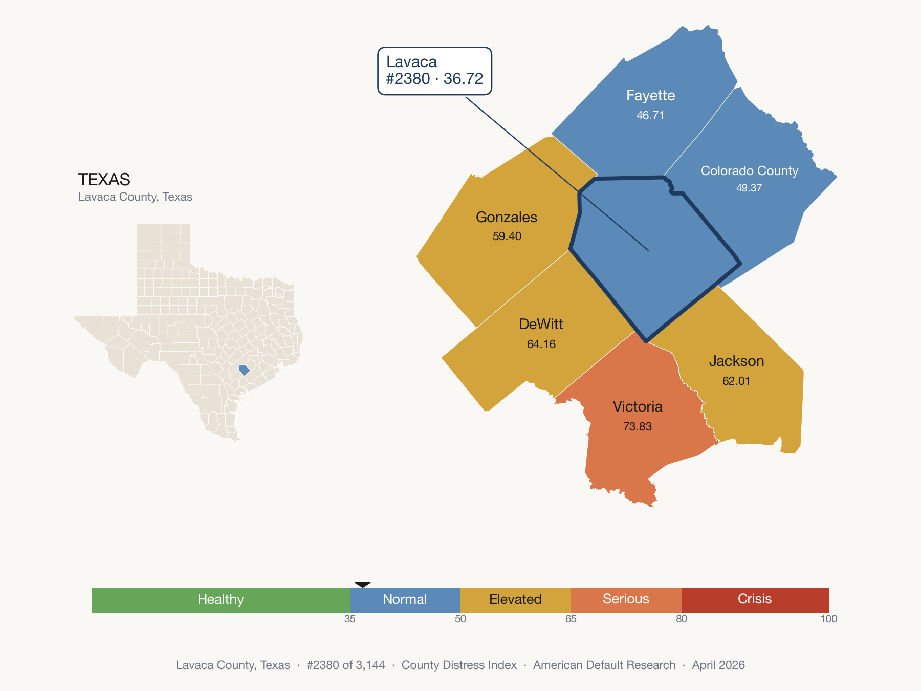 County Distress Index cluster map. Lavaca County, Texas and its neighbors colored by distress fifth.