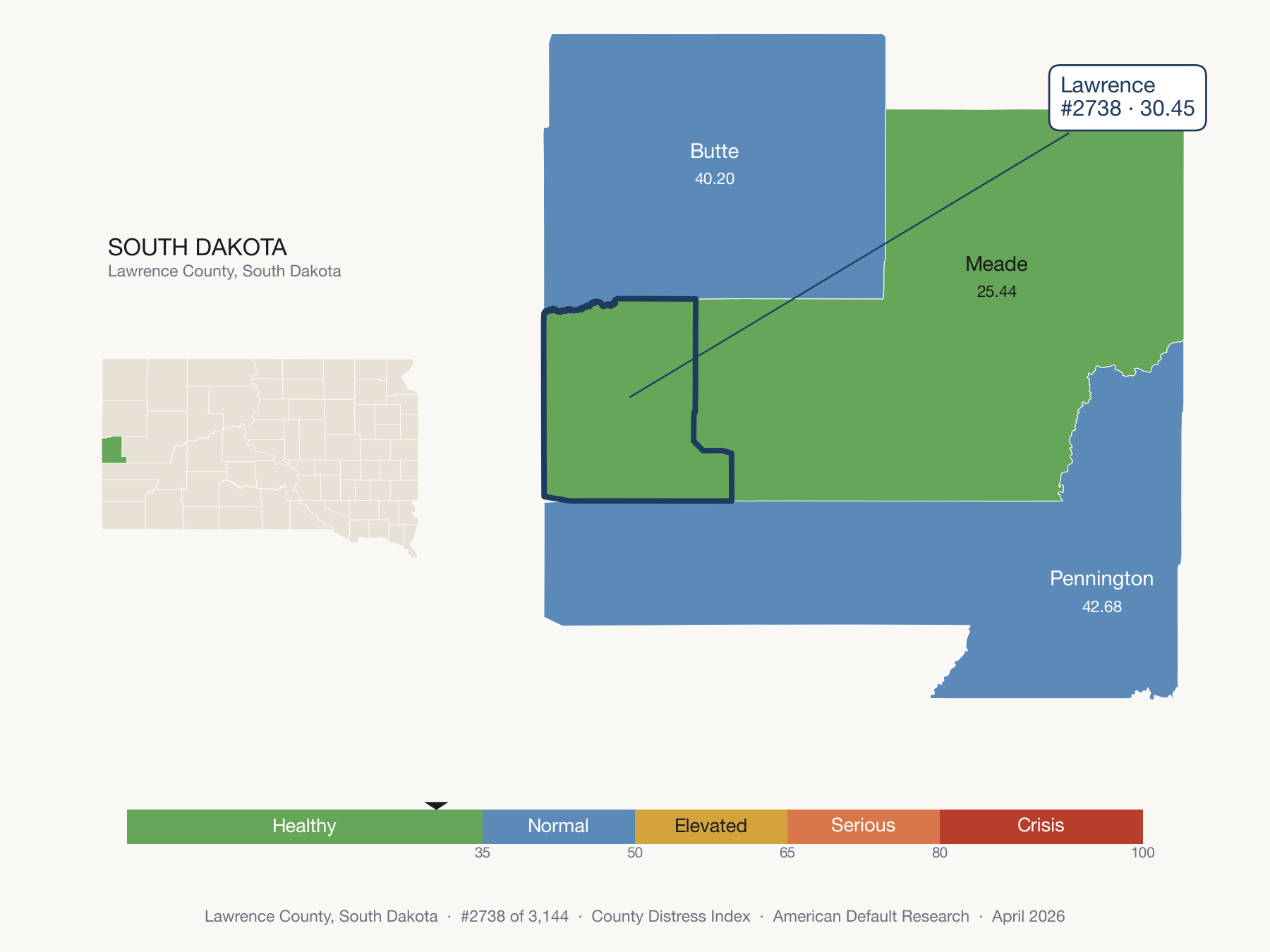 County Distress Index cluster map. Lawrence County, South Dakota and its neighbors colored by distress fifth.