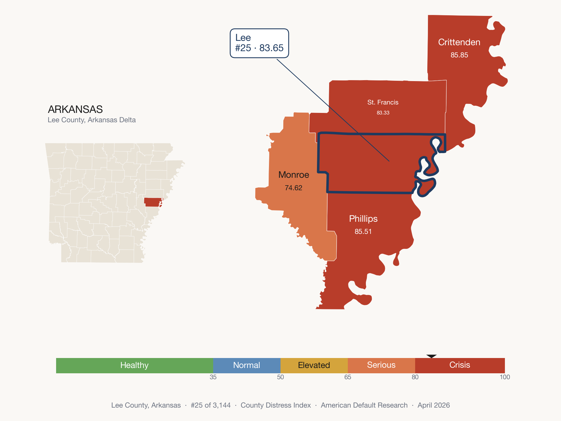 County Distress Index cluster map. Lee County, Arkansas and its neighbors colored by distress zone.