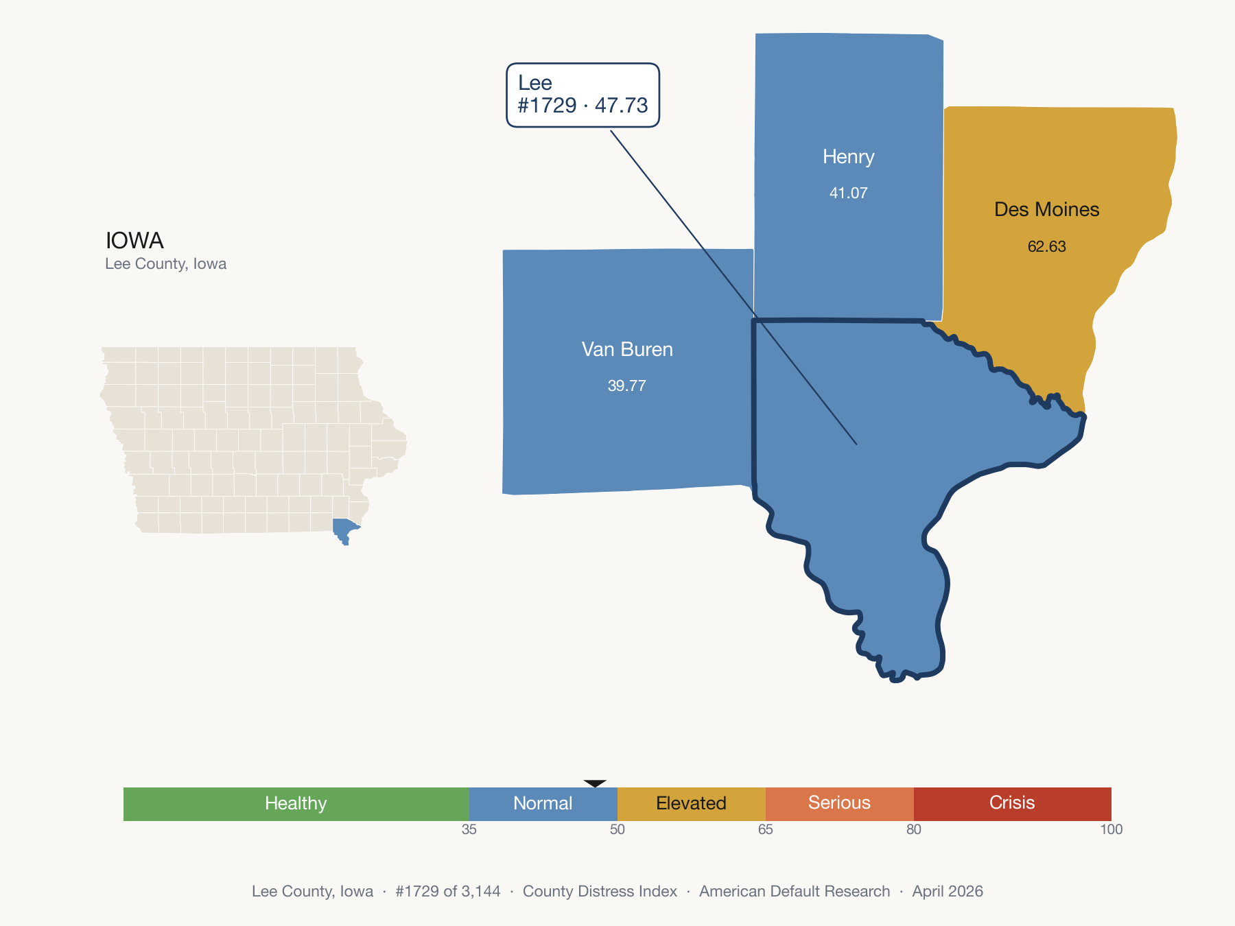 County Distress Index cluster map. Lee County, Iowa and its neighbors colored by distress fifth.
