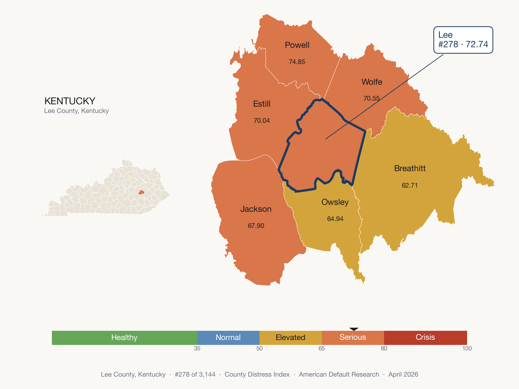 County Distress Index cluster map. Lee County, Kentucky and its neighbors colored by distress fifth.