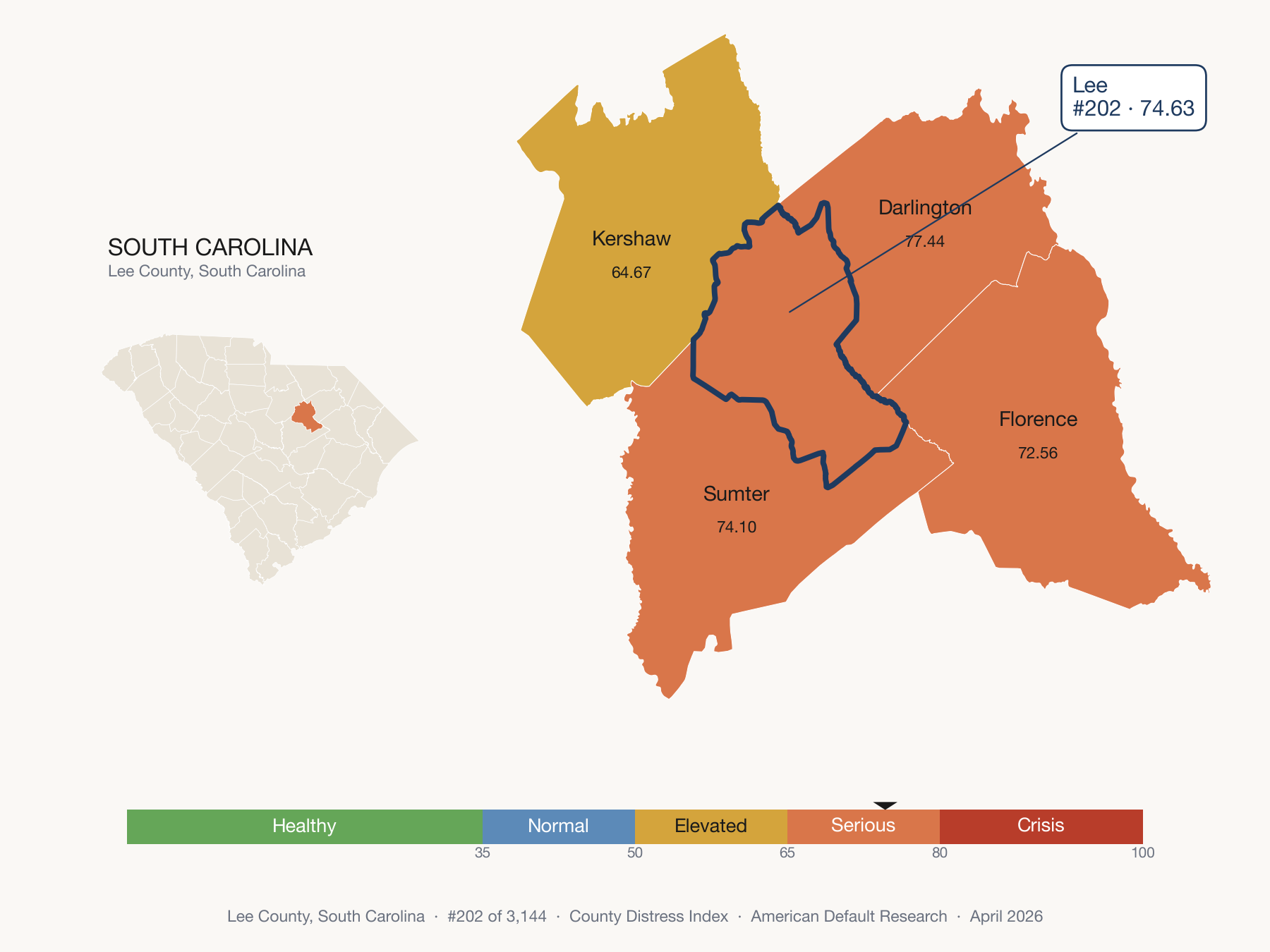 County Distress Index cluster map. Lee County, South Carolina and its neighbors colored by distress fifth.