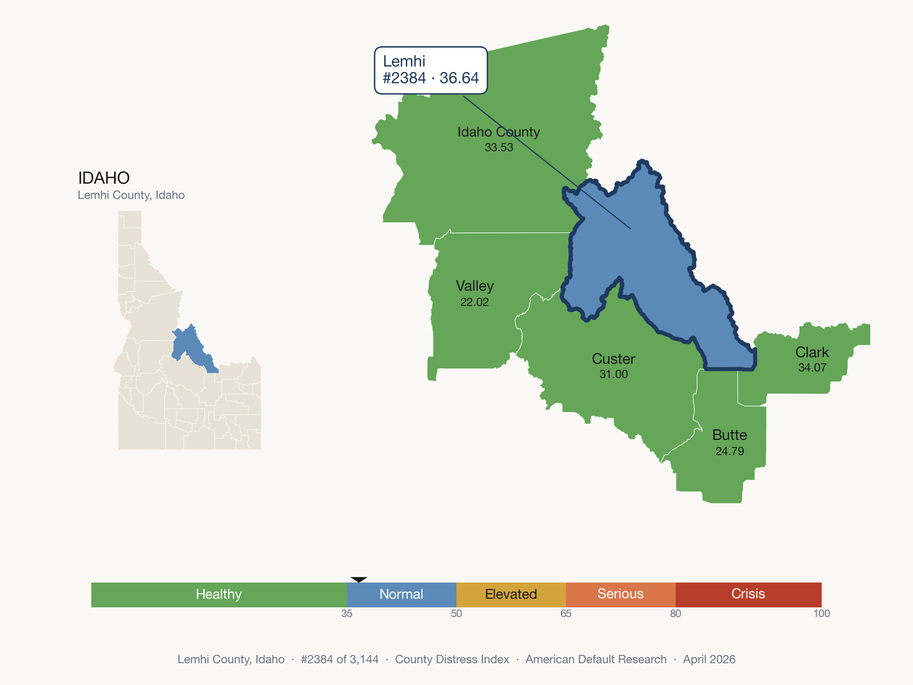 County Distress Index cluster map. Lemhi County, Idaho and its neighbors colored by distress fifth.