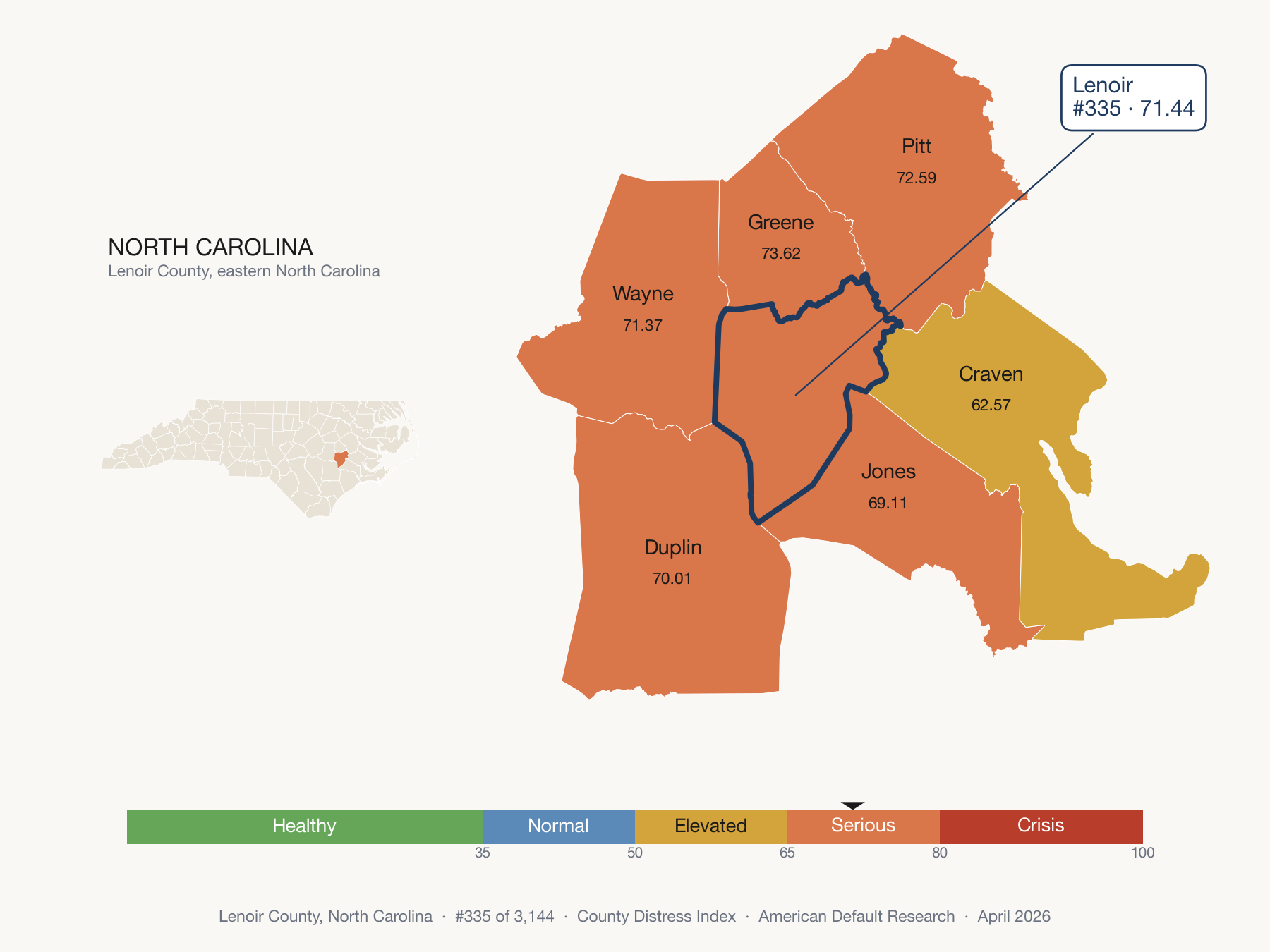 County Distress Index cluster map. Lenoir County, North Carolina and its neighbors colored by distress zone.