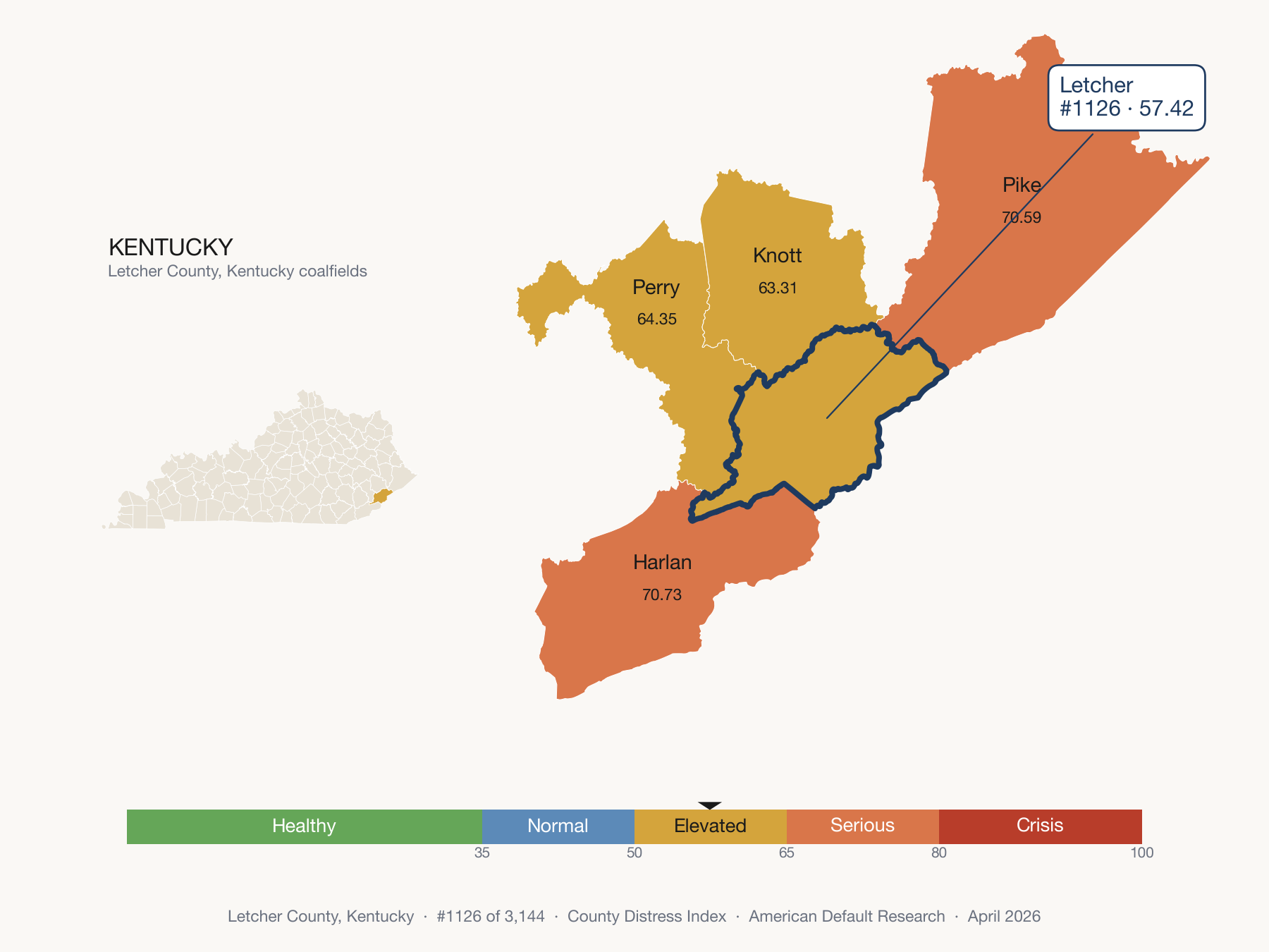 County Distress Index cluster map. Letcher County, Kentucky and its neighbors colored by distress fifth.