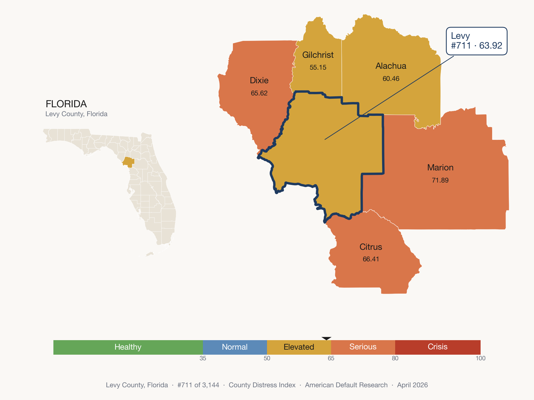 County Distress Index cluster map. Levy County, Florida and its neighbors colored by distress fifth.