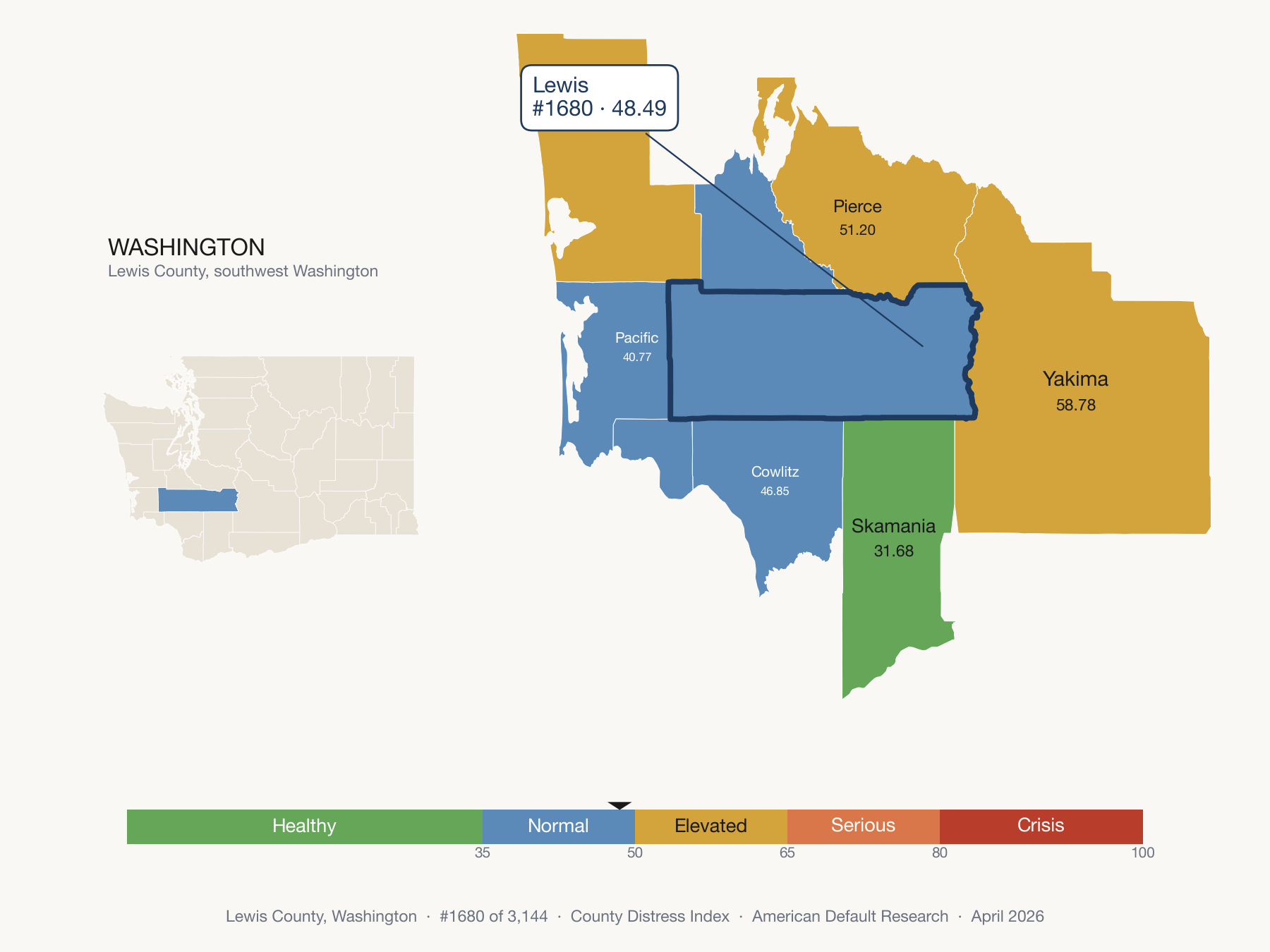 County Distress Index cluster map. Lewis County, Washington and its neighbors colored by distress fifth.