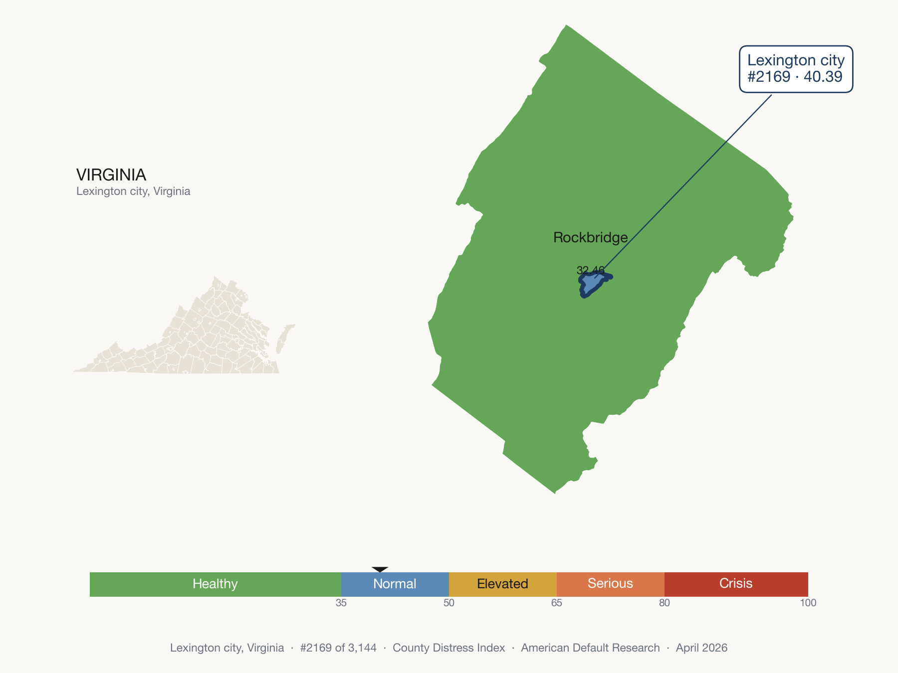 County Distress Index cluster map. Lexington city, Virginia and its neighbors colored by distress fifth.