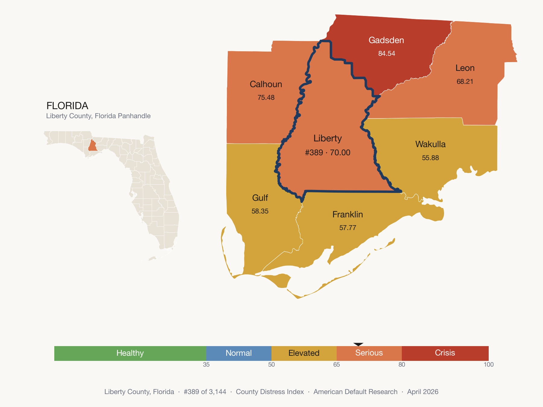 County Distress Index cluster map. Liberty County, Florida and its neighbors colored by distress fifth.