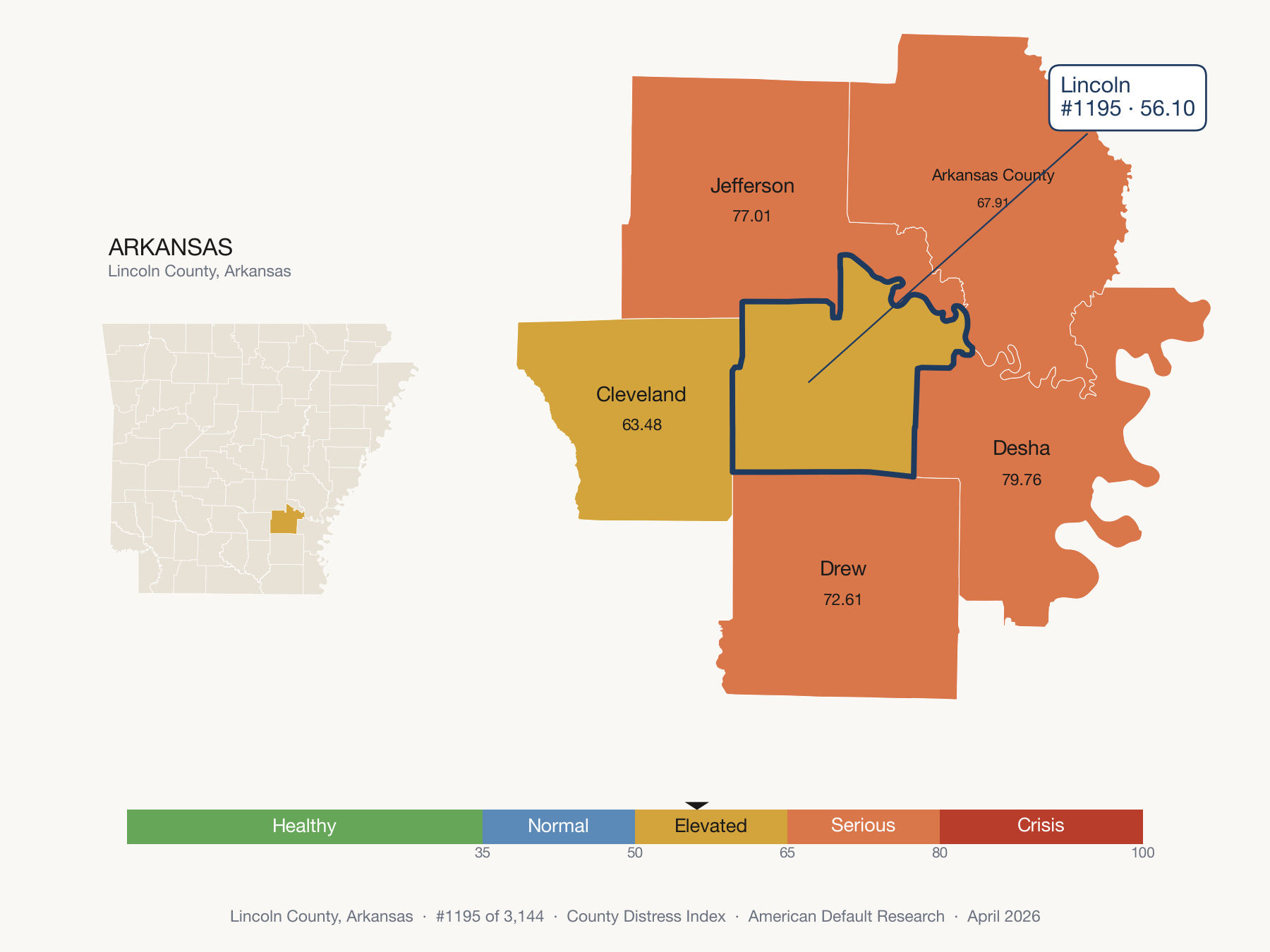 County Distress Index cluster map. Lincoln County, Arkansas and its neighbors colored by distress fifth.