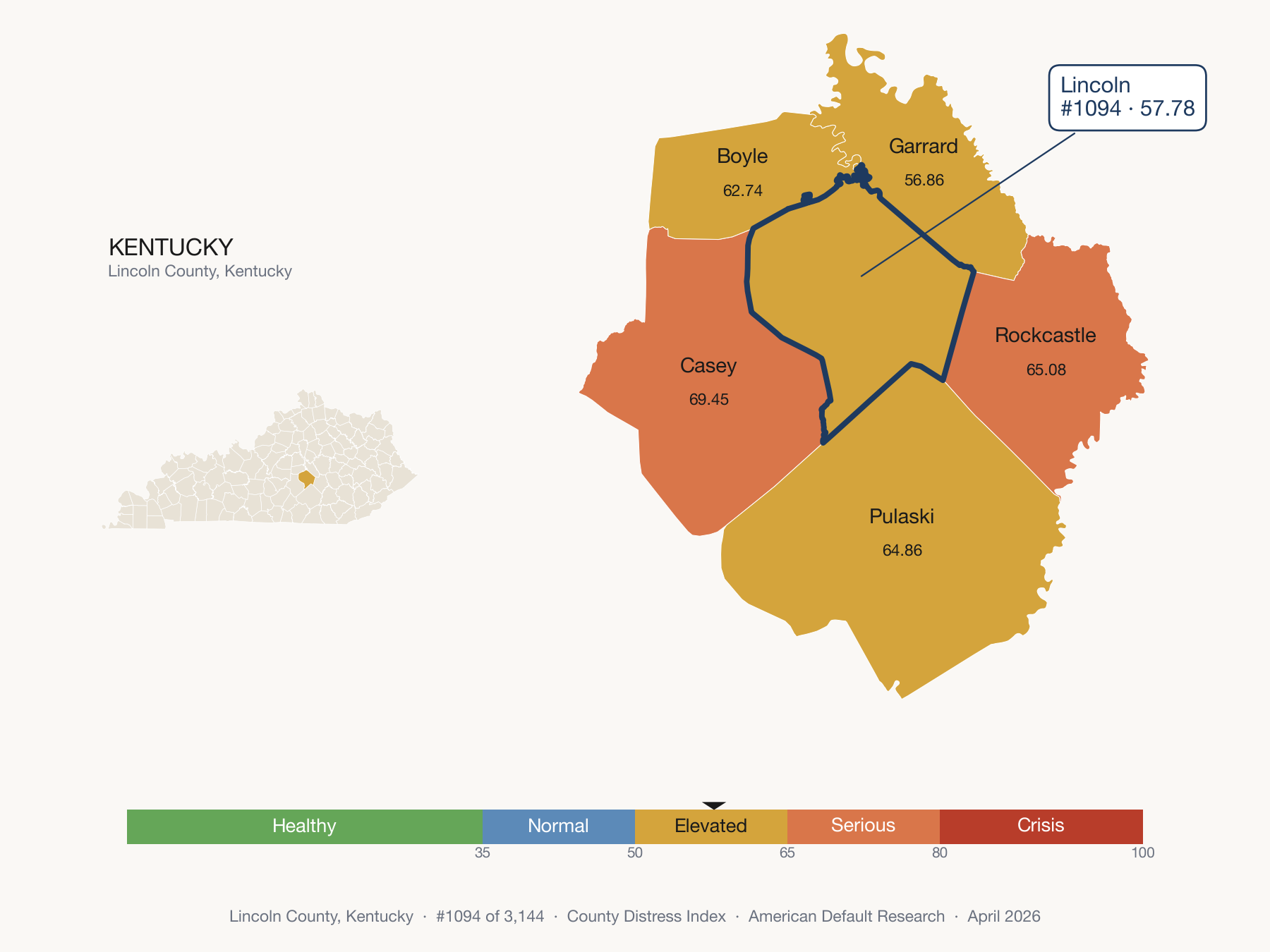 County Distress Index cluster map. Lincoln County, Kentucky and its neighbors colored by distress fifth.