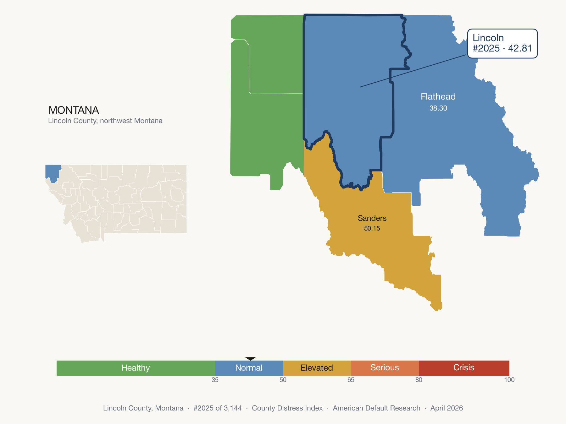 County Distress Index cluster map. Lincoln County, Montana and its neighbors colored by distress zone.