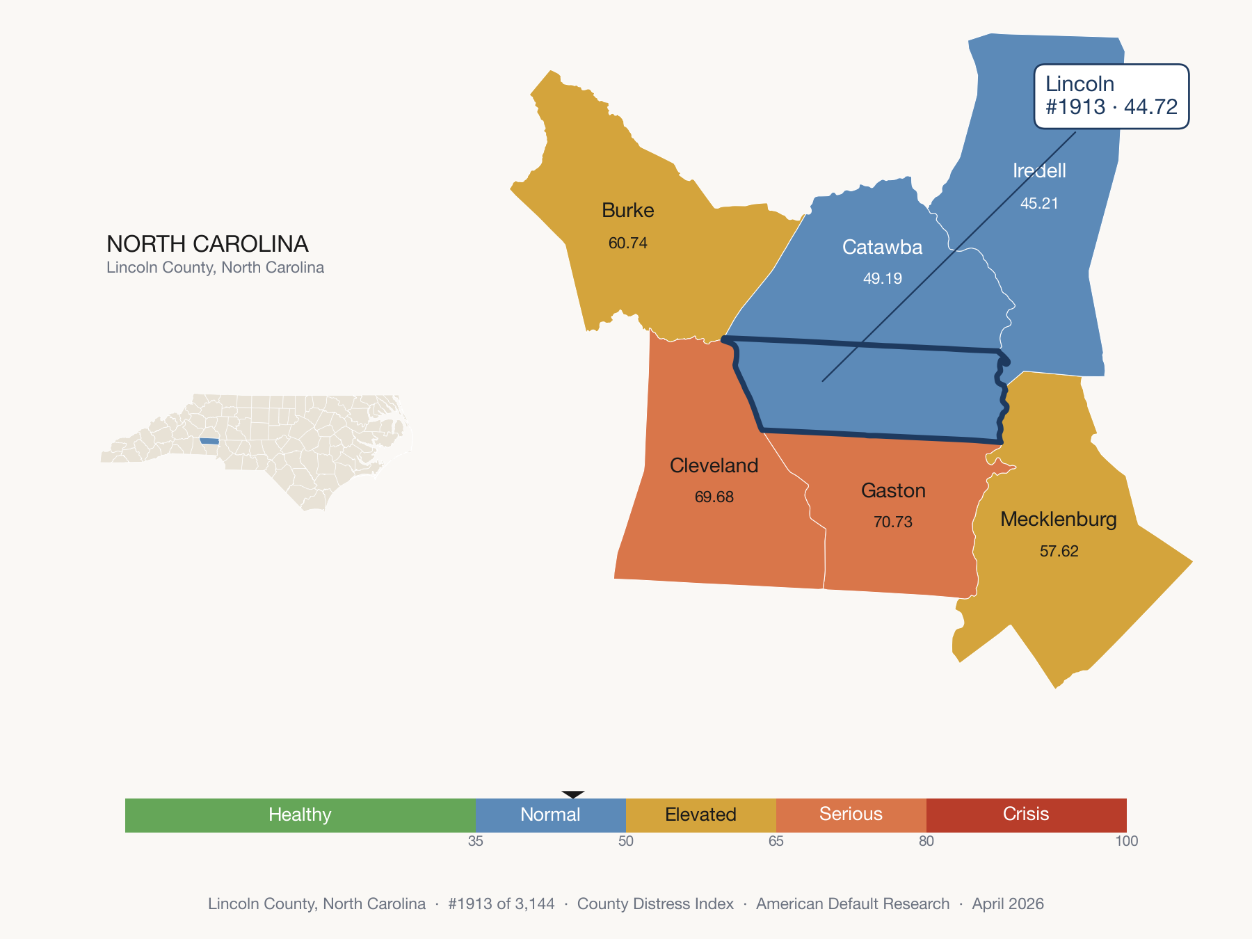 County Distress Index cluster map. Lincoln County, North Carolina and its neighbors colored by distress fifth.