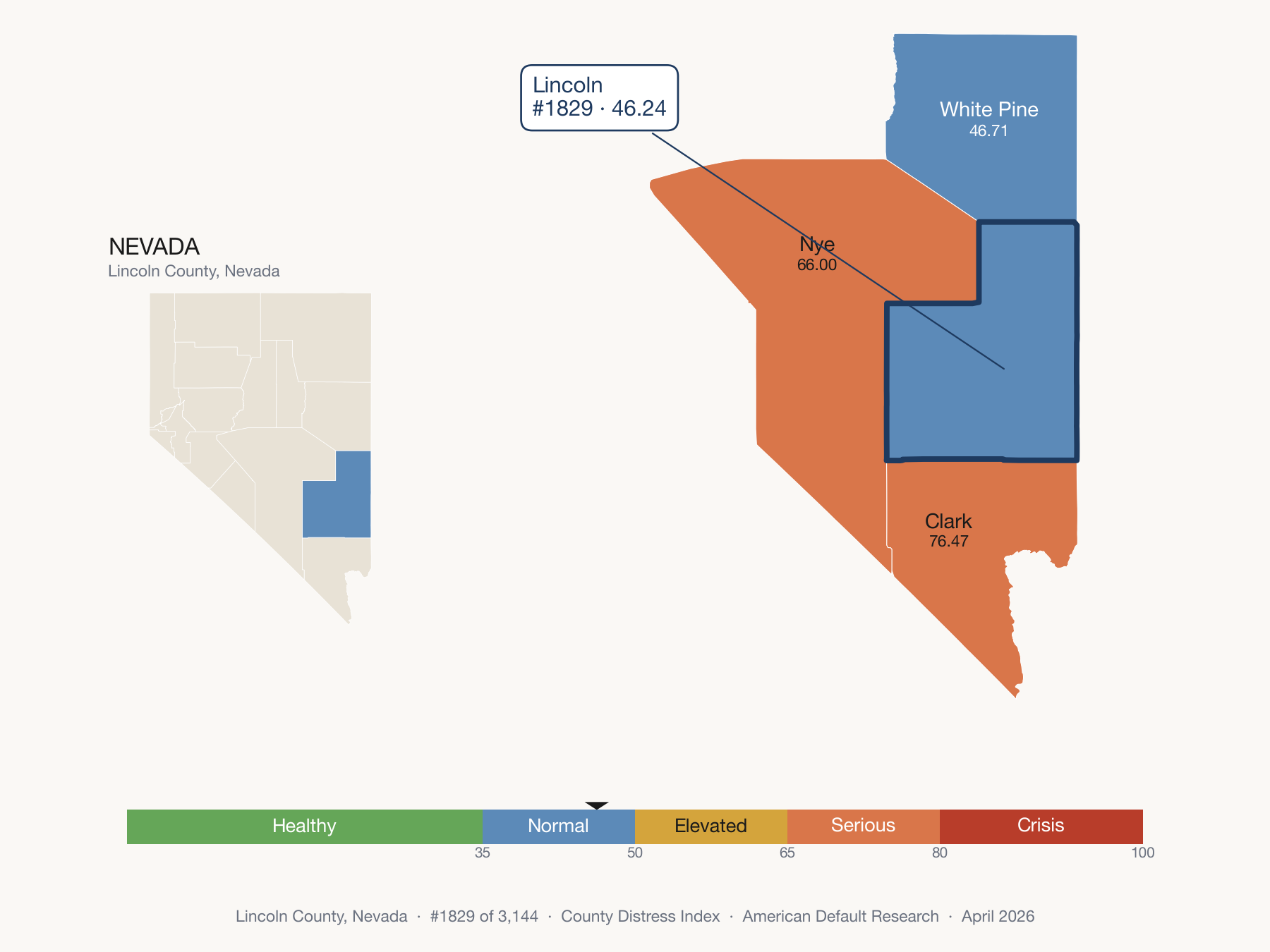 County Distress Index cluster map. Lincoln County, Nevada and its neighbors colored by distress fifth.