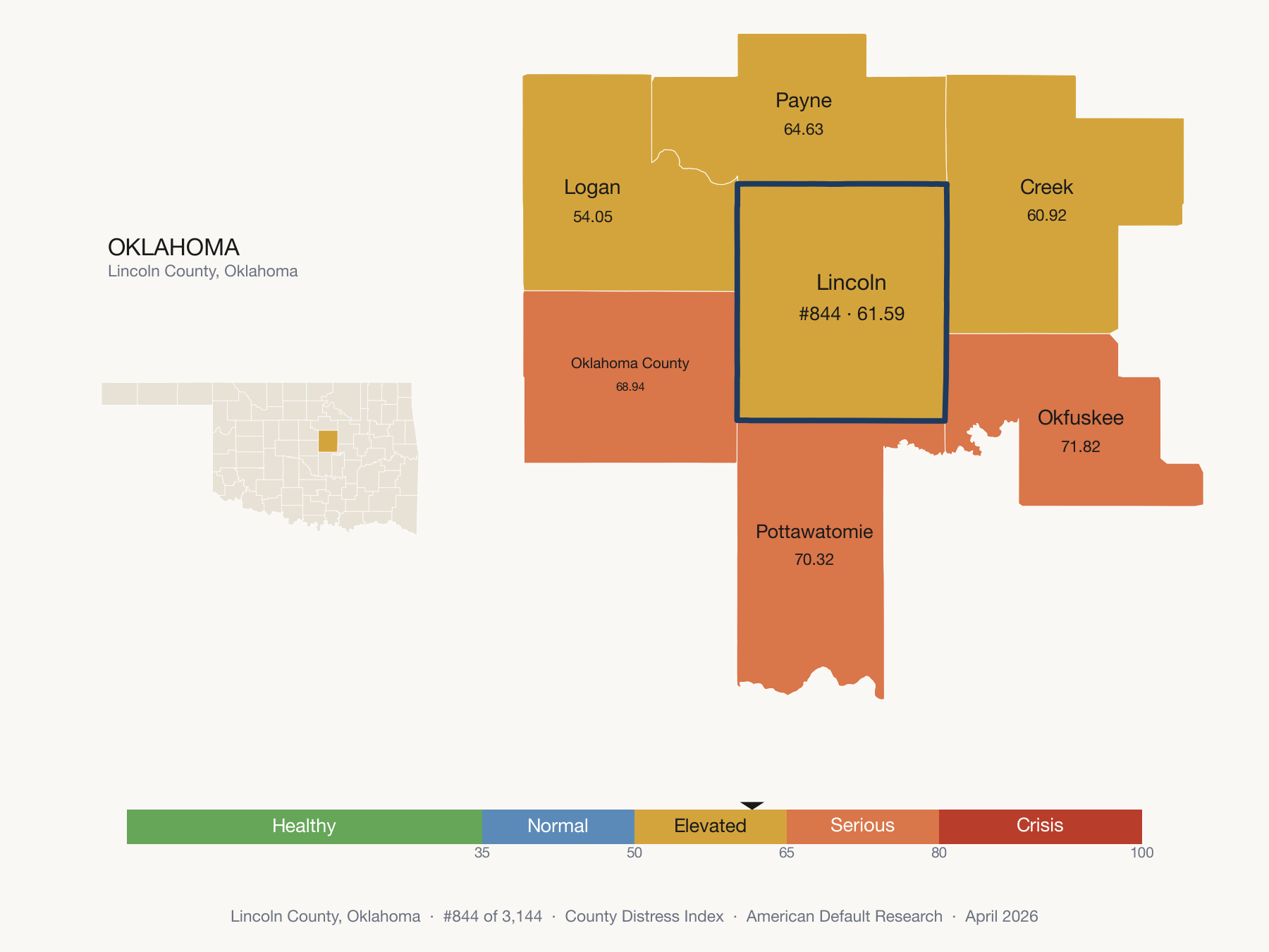 County Distress Index cluster map. Lincoln County, Oklahoma and its neighbors colored by distress fifth.