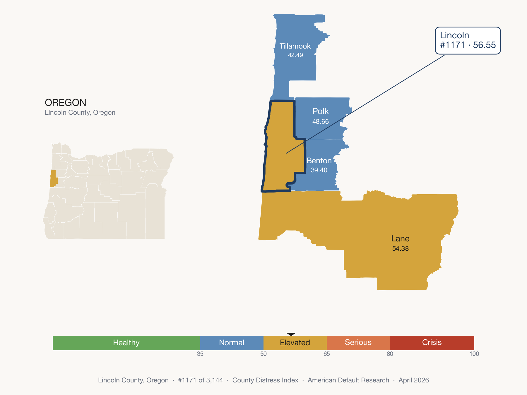County Distress Index cluster map. Lincoln County, Oregon and its neighbors colored by distress fifth.