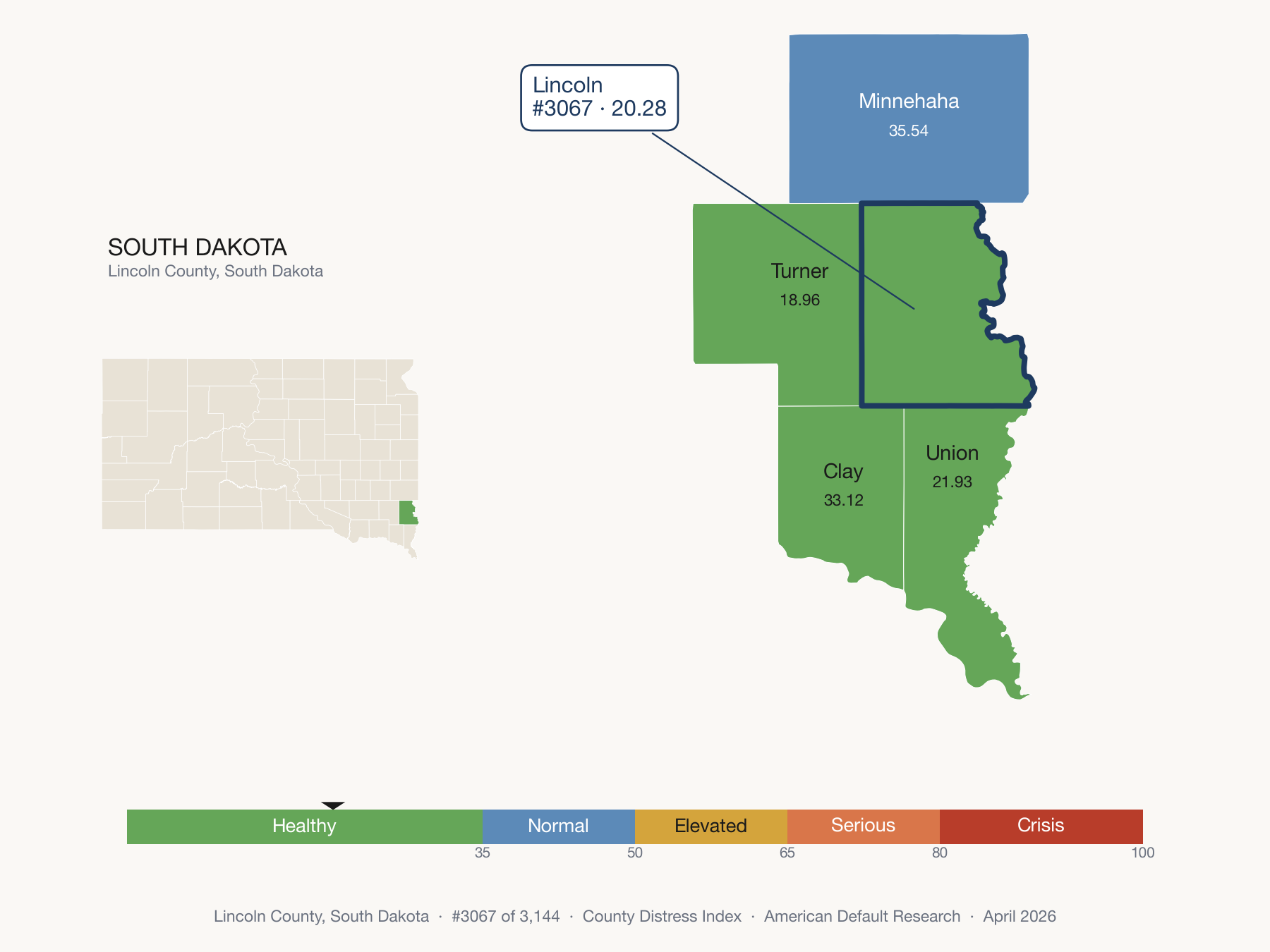 County Distress Index cluster map. Lincoln County, South Dakota and its neighbors colored by distress zone.