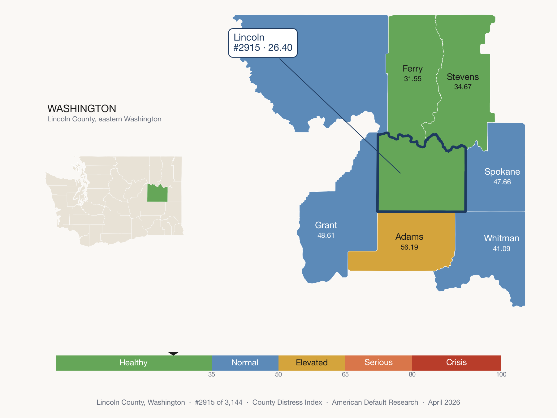 County Distress Index cluster map. Lincoln County, Washington and its neighbors colored by distress zone.