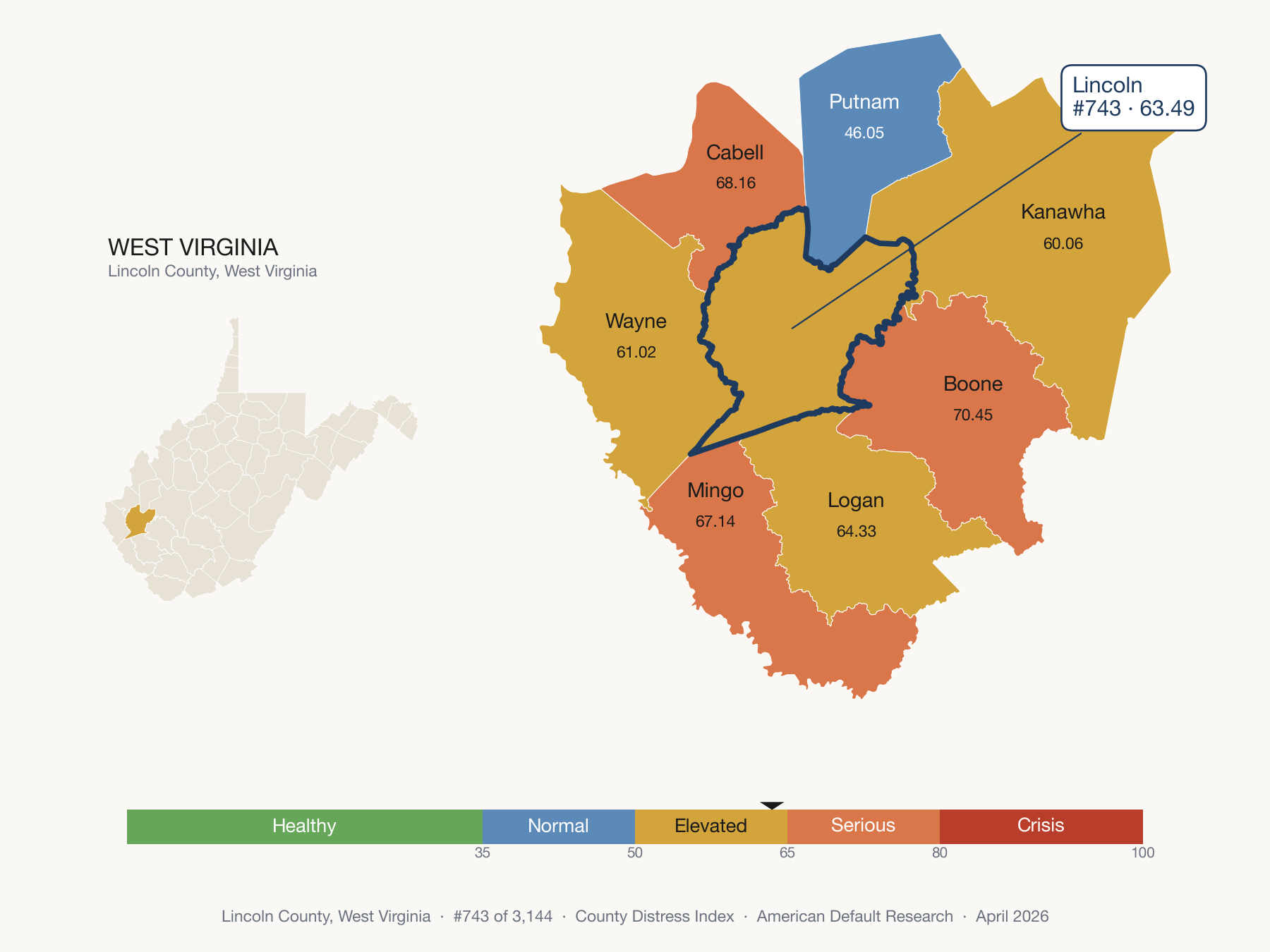 County Distress Index cluster map. Lincoln County, West Virginia and its neighbors colored by distress fifth.