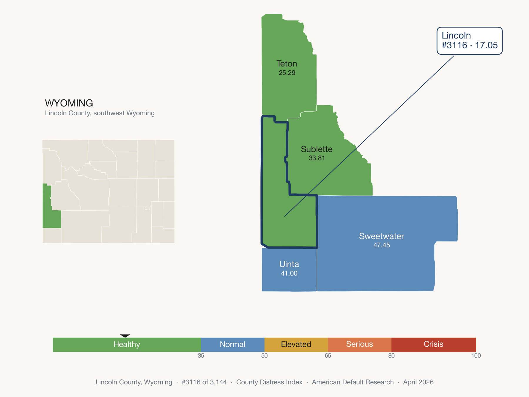County Distress Index cluster map. Lincoln County, Wyoming and its neighbors colored by distress zone.