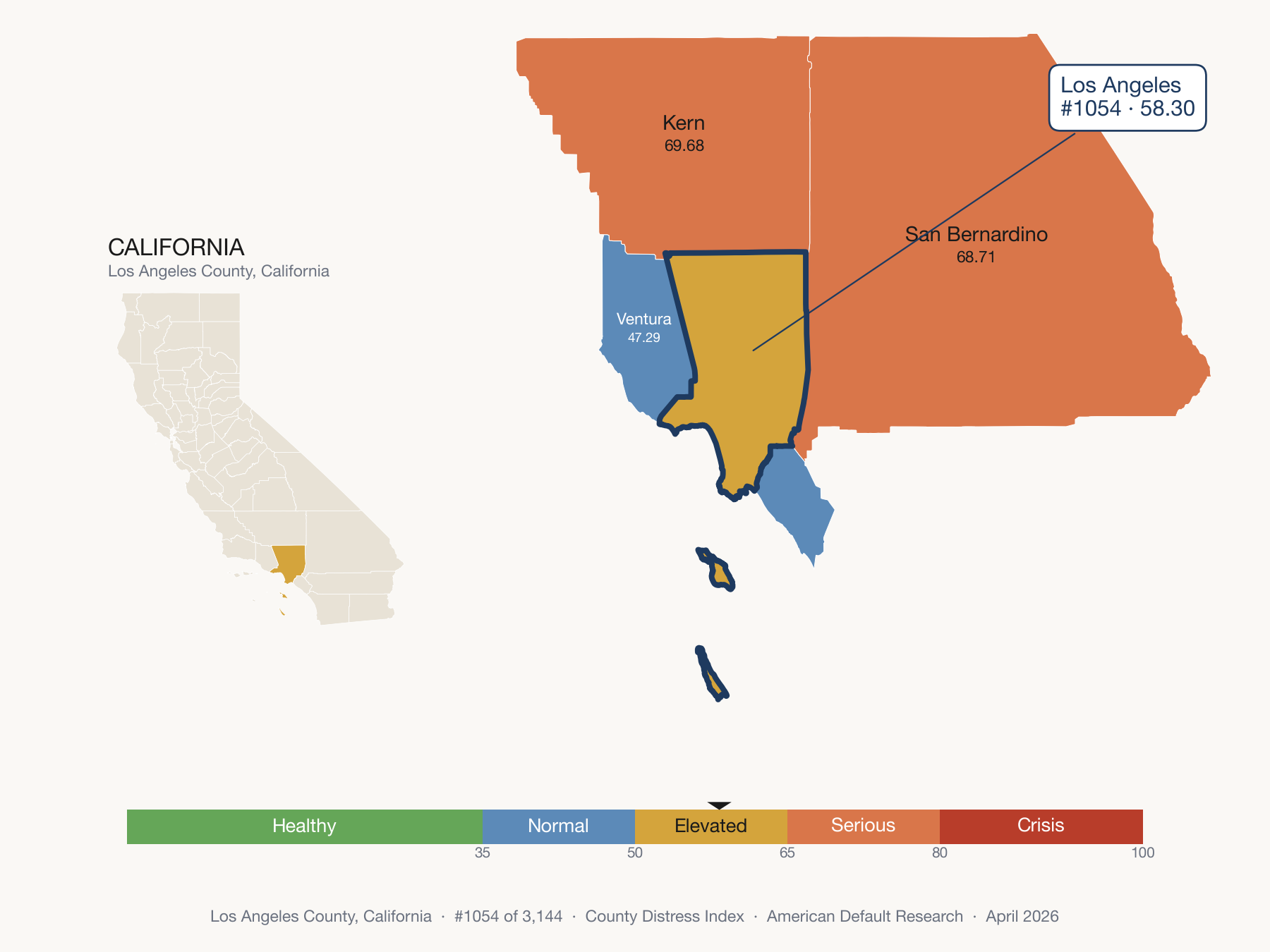 County Distress Index cluster map. Los Angeles County, California and its neighbors colored by distress zone.
