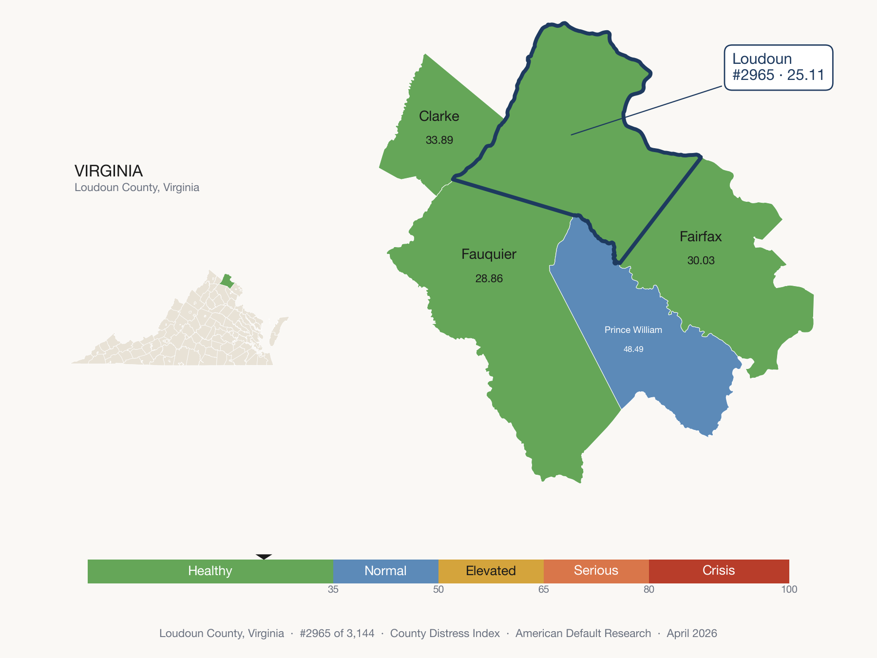 County Distress Index cluster map. Loudoun County, Virginia and its neighbors colored by distress zone.