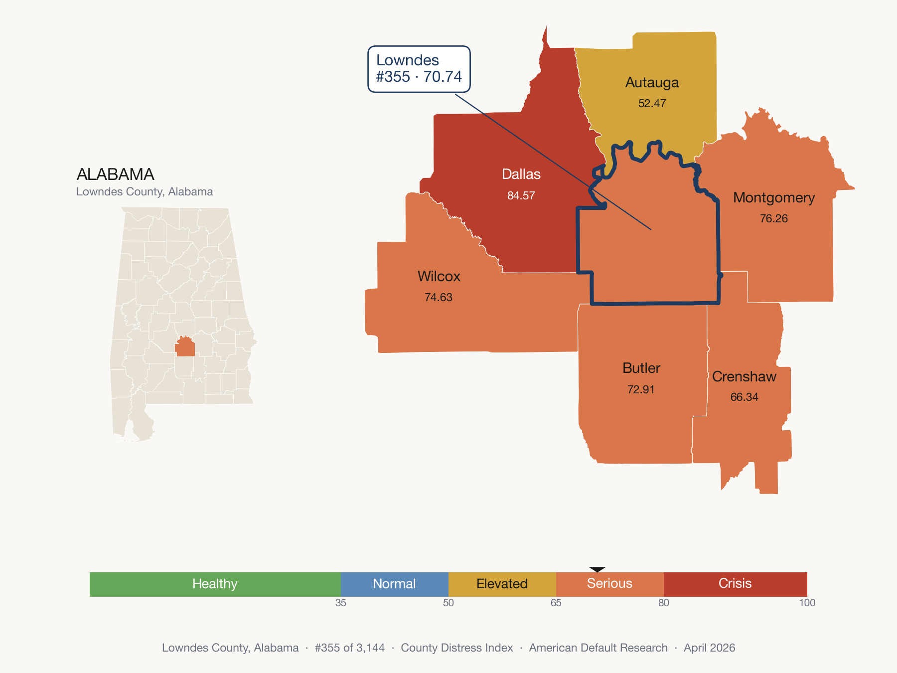 County Distress Index cluster map. Lowndes County, Alabama and its neighbors colored by distress zone.