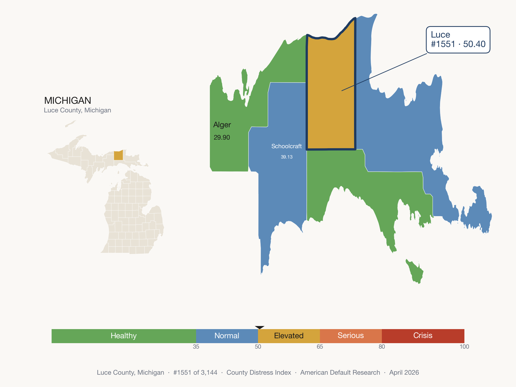 County Distress Index cluster map. Luce County, Michigan and its neighbors colored by distress fifth.