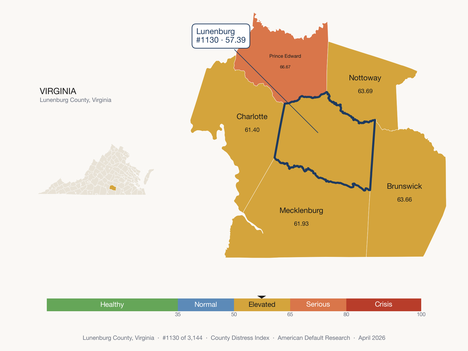 County Distress Index cluster map. Lunenburg County, Virginia and its neighbors colored by distress fifth.