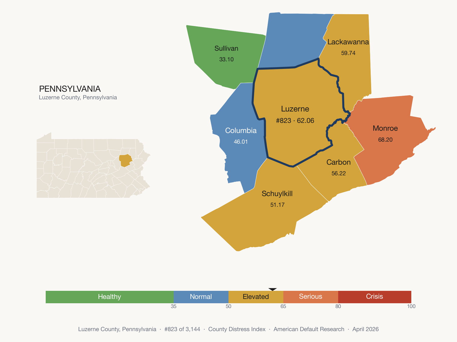 County Distress Index cluster map. Luzerne County, Pennsylvania and its neighbors colored by distress zone.