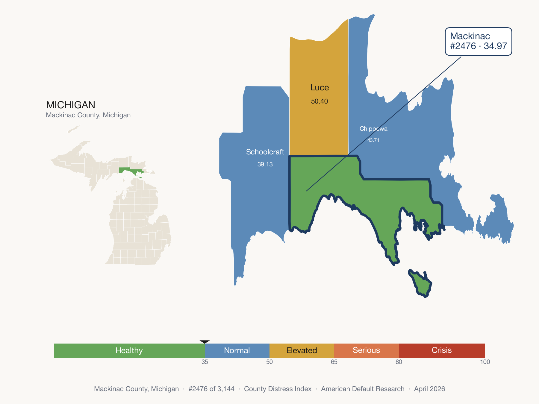 County Distress Index cluster map. Mackinac County, Michigan and its neighbors colored by distress zone.