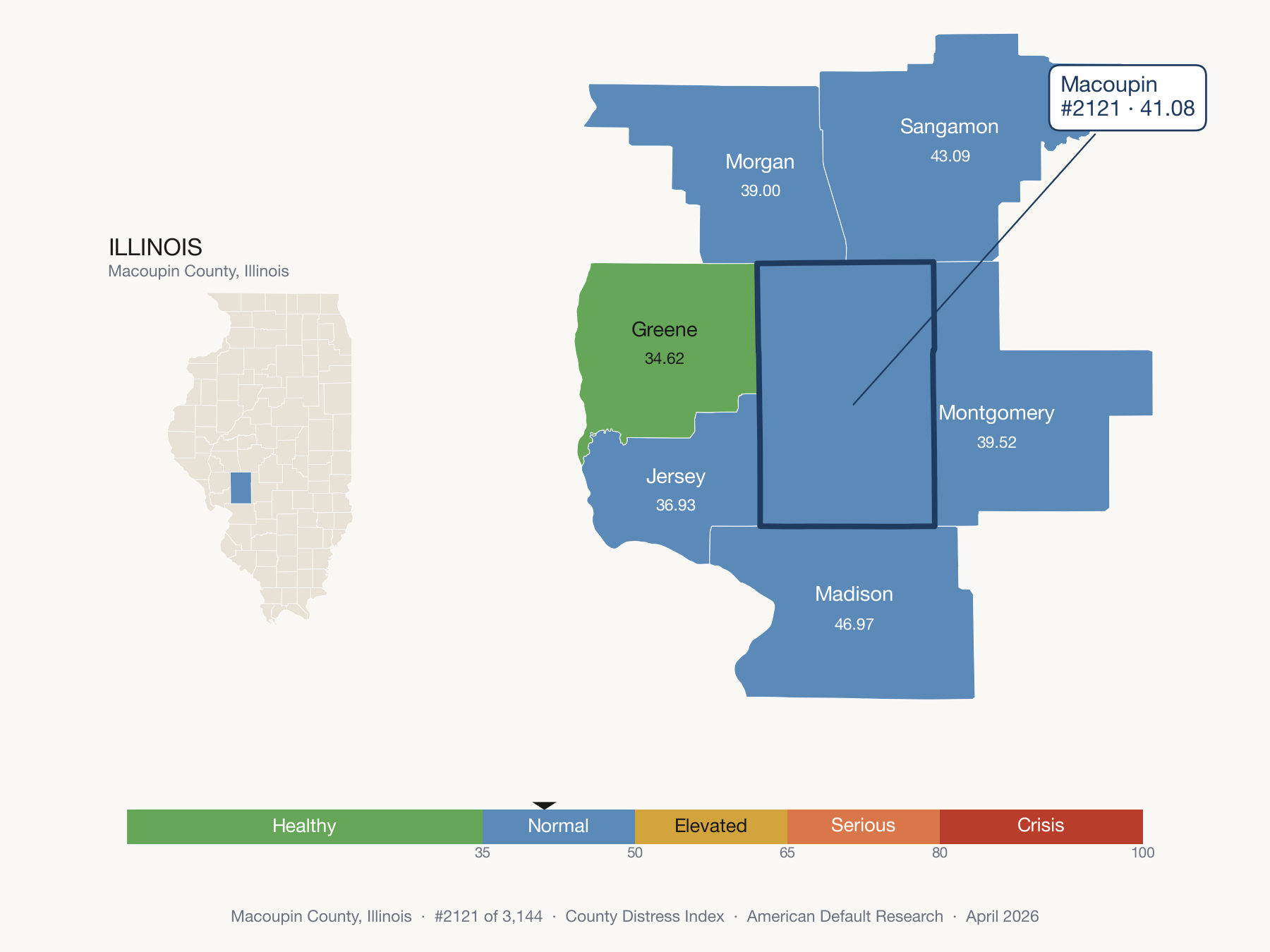 County Distress Index cluster map. Macoupin County, Illinois and its neighbors colored by distress fifth.