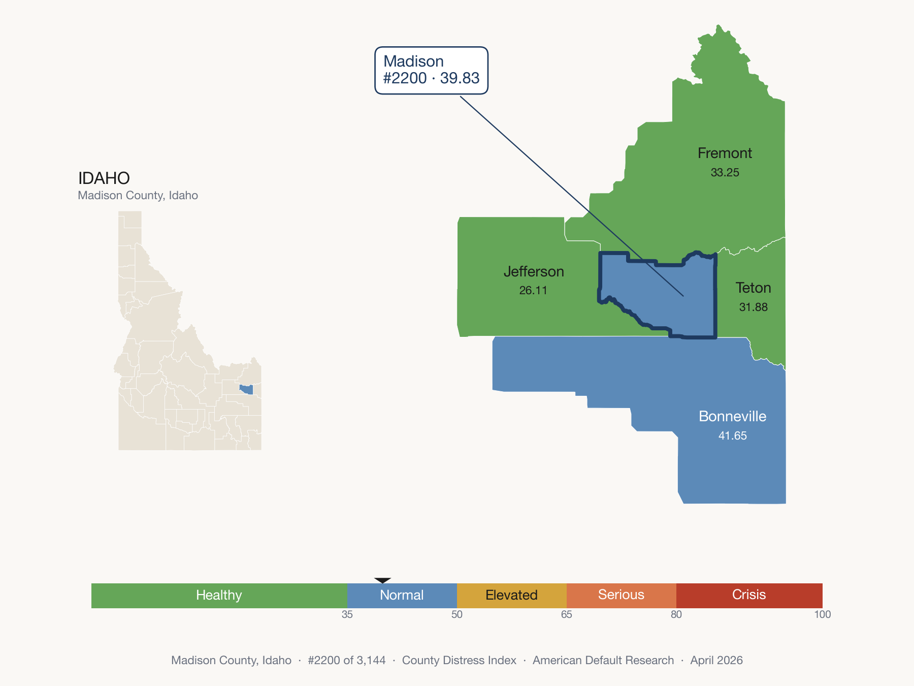 County Distress Index cluster map. Madison County, Idaho and its neighbors colored by distress fifth.