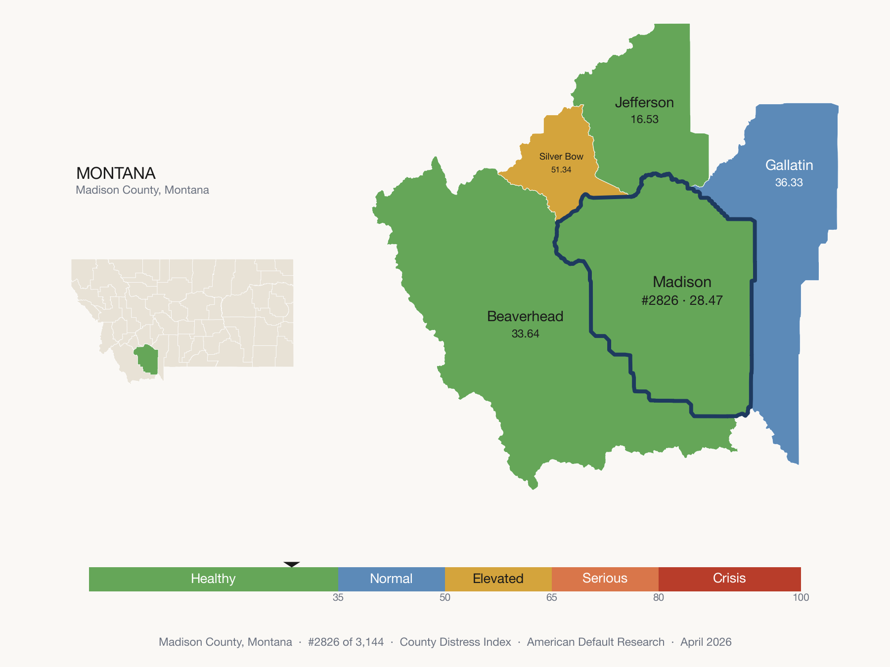 County Distress Index cluster map. Madison County, Montana and its neighbors colored by distress fifth.