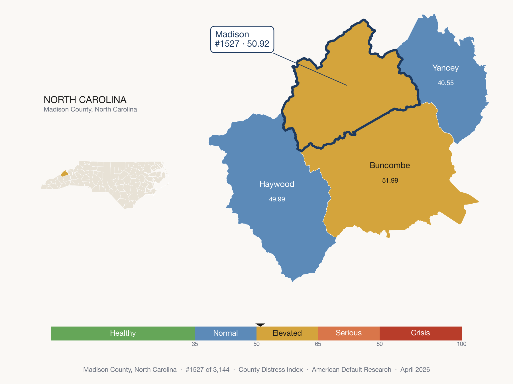 County Distress Index cluster map. Madison County, North Carolina and its neighbors colored by distress fifth.