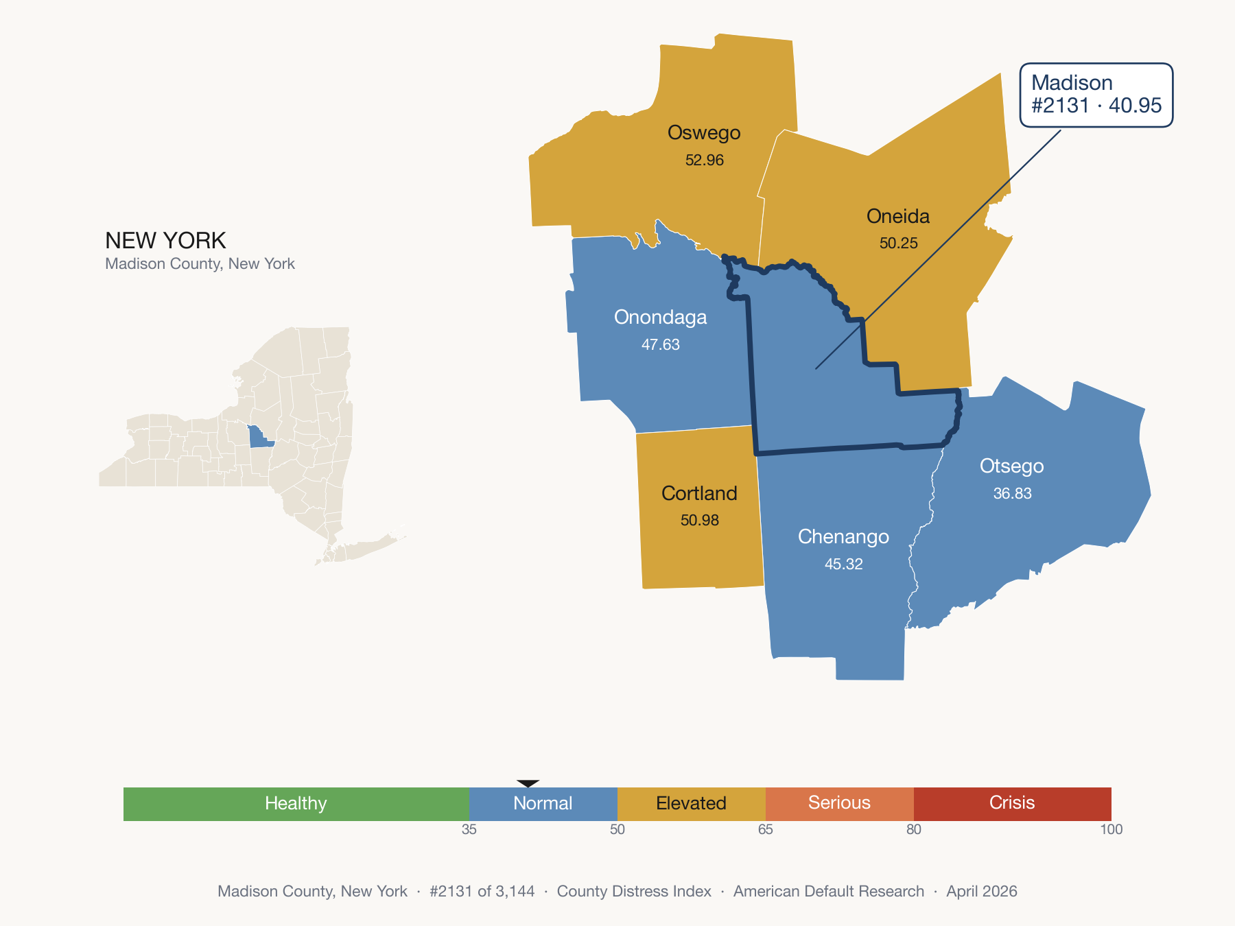 County Distress Index cluster map. Madison County, New York and its neighbors colored by distress fifth.