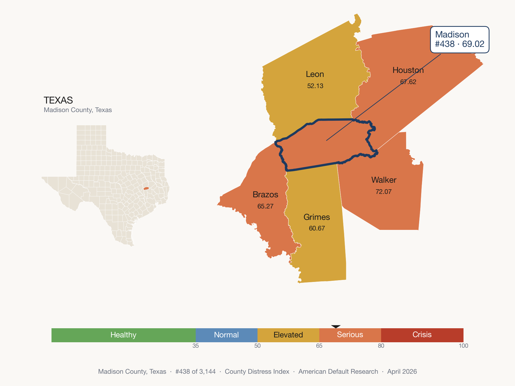 County Distress Index cluster map. Madison County, Texas and its neighbors colored by distress fifth.